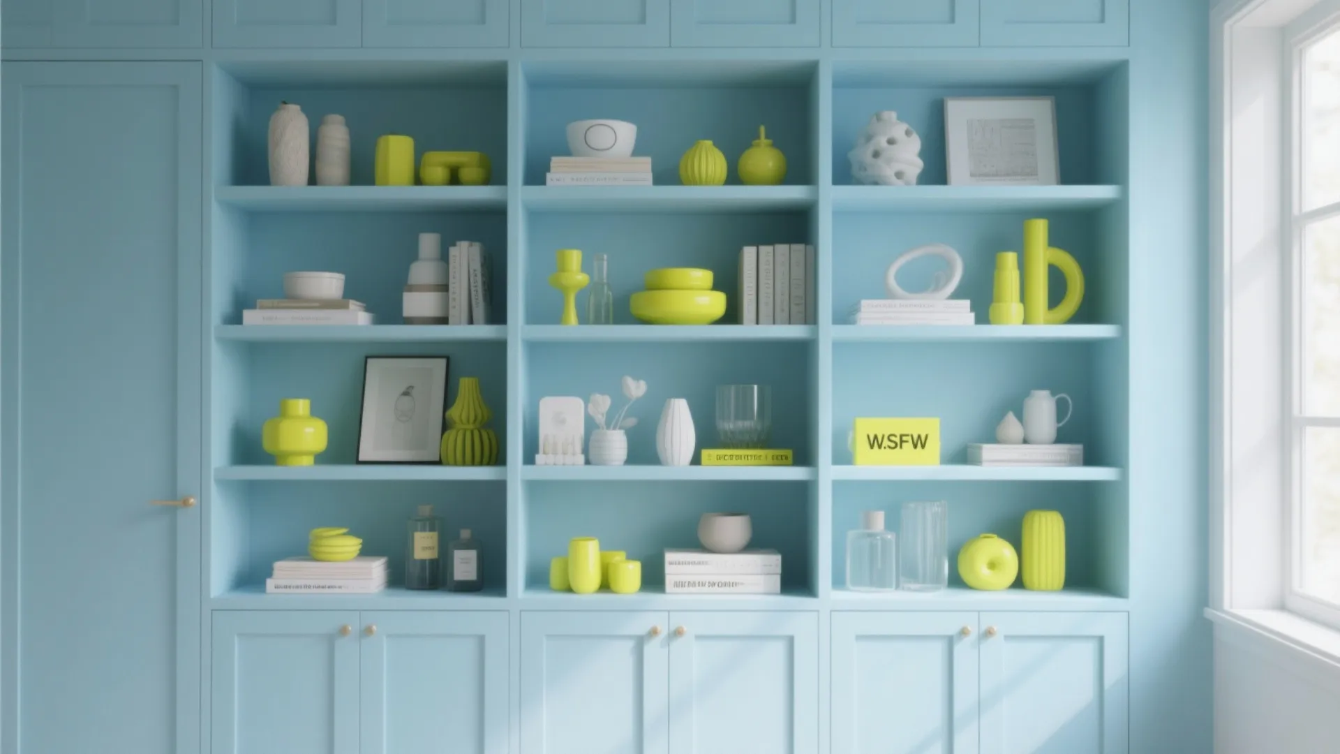 5. Pastel Blue Built-ins with Pops of Neon Yellow