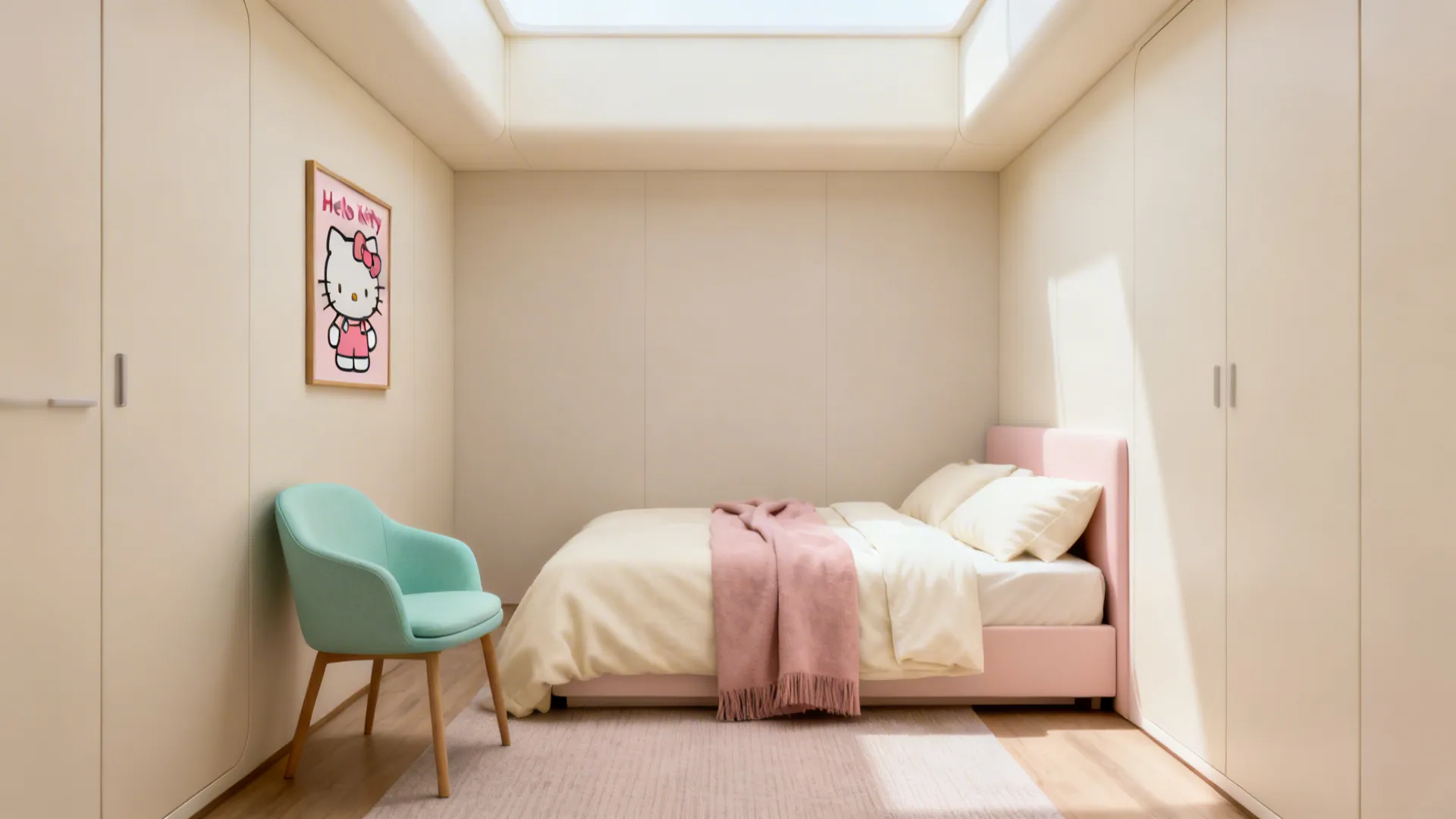 Compact pastel bedroom with muted pinks, creams and a single Hello Kitty framed print for a calm cohesive look.