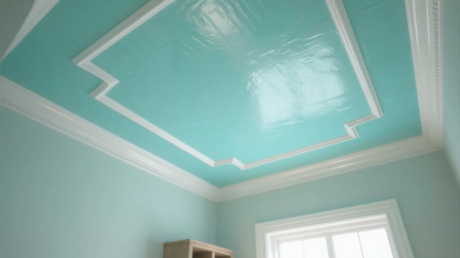 Light blue bedroom with glossy ceiling paint design white wall panels and bright window light