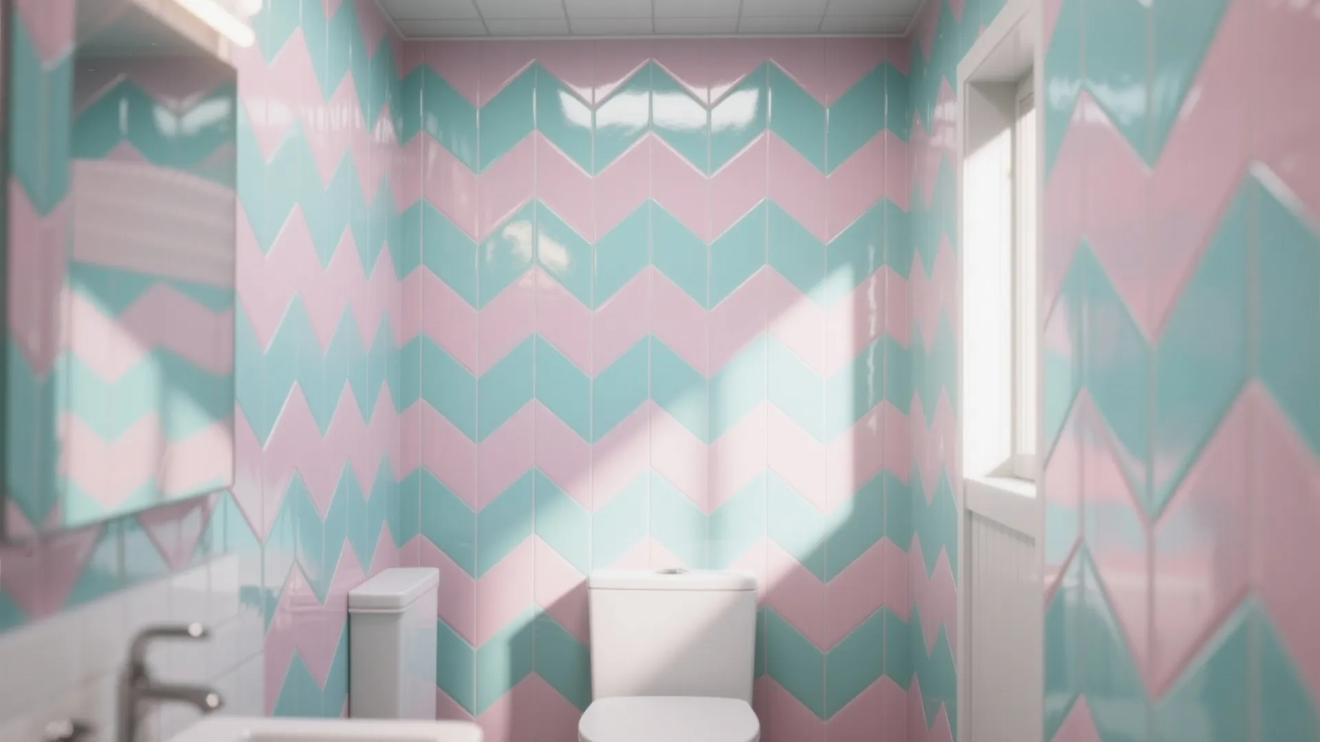 Colorful bathroom design with pink and green zigzag wall tiles and a white ceramic toilet