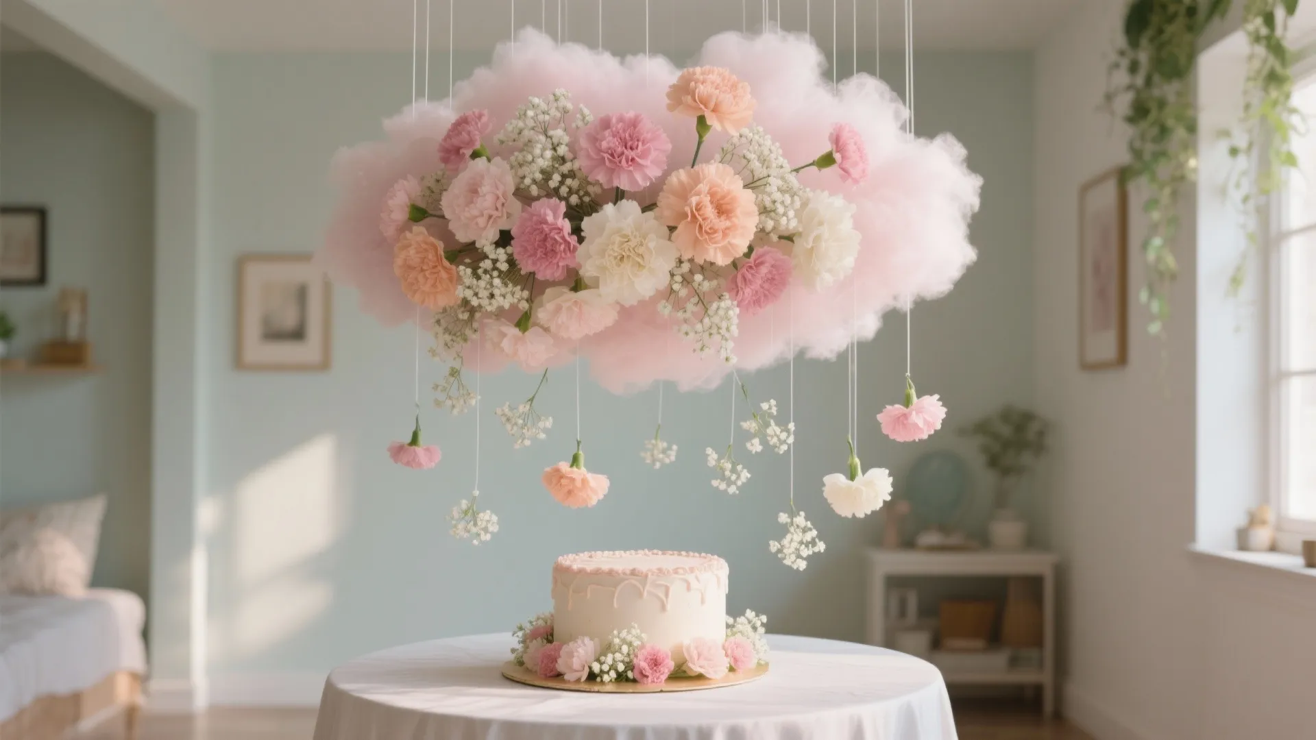 Suspended pastel carnation and baby’s breath cloud above a cake table in a small apartment.