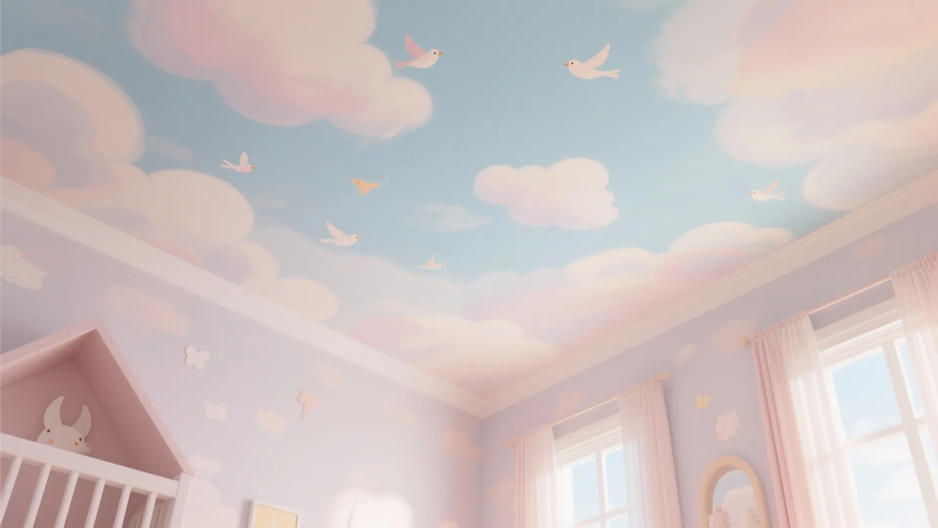 Kids bedroom ceiling painted with pastel pink clouds and small white birds under blue sky