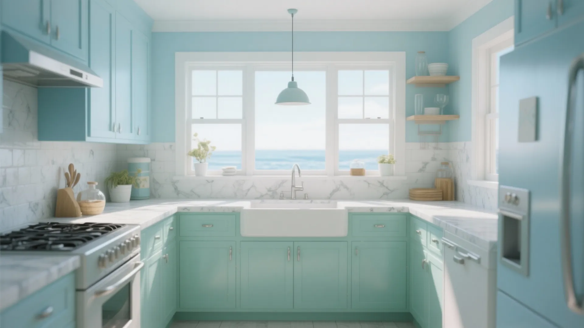 4. Pastel coastal vibe: mint cabinets, powder blue walls