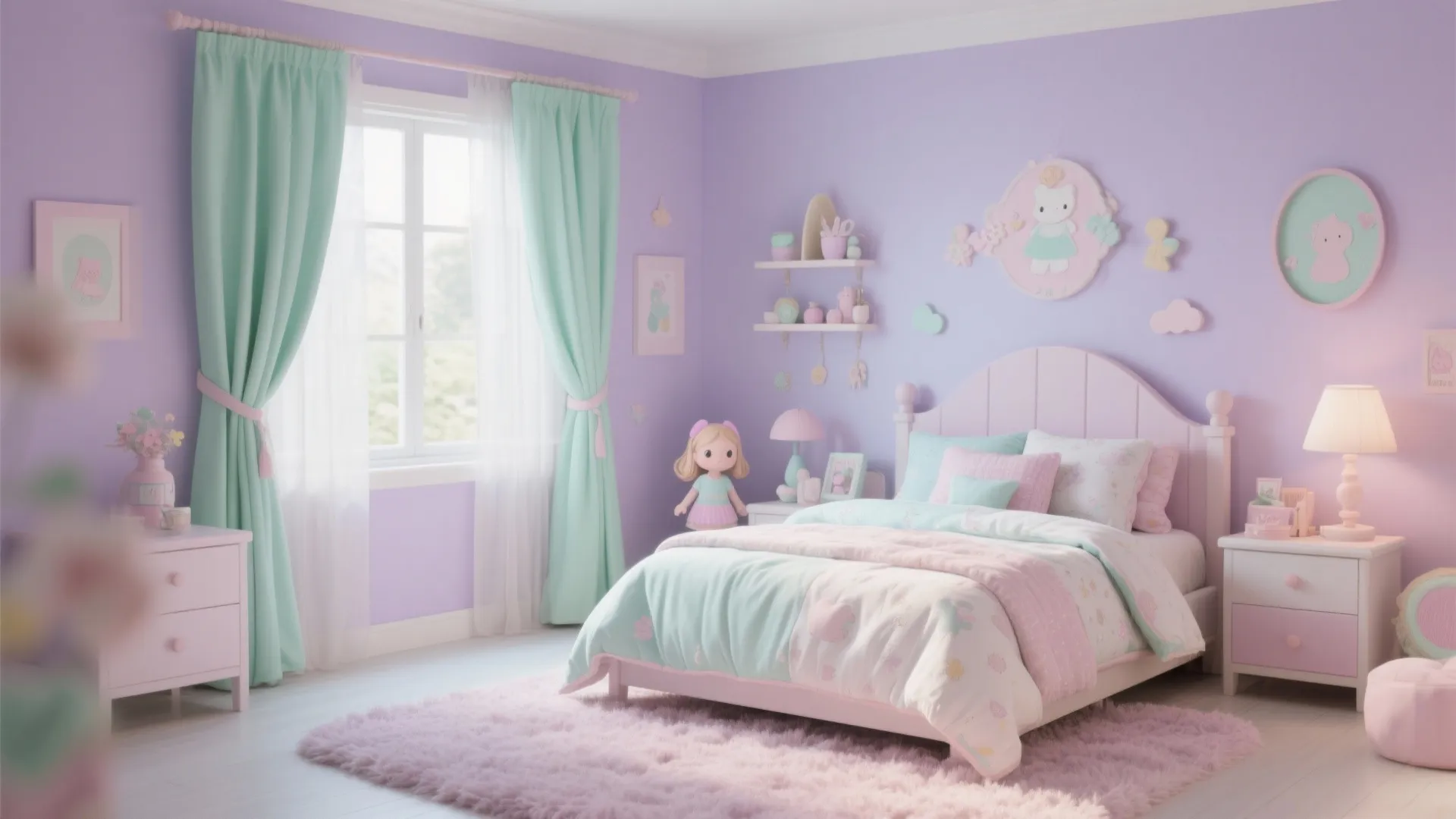 Soft purple kids bedroom with mint green curtains pink fluffy rug and cute wall art