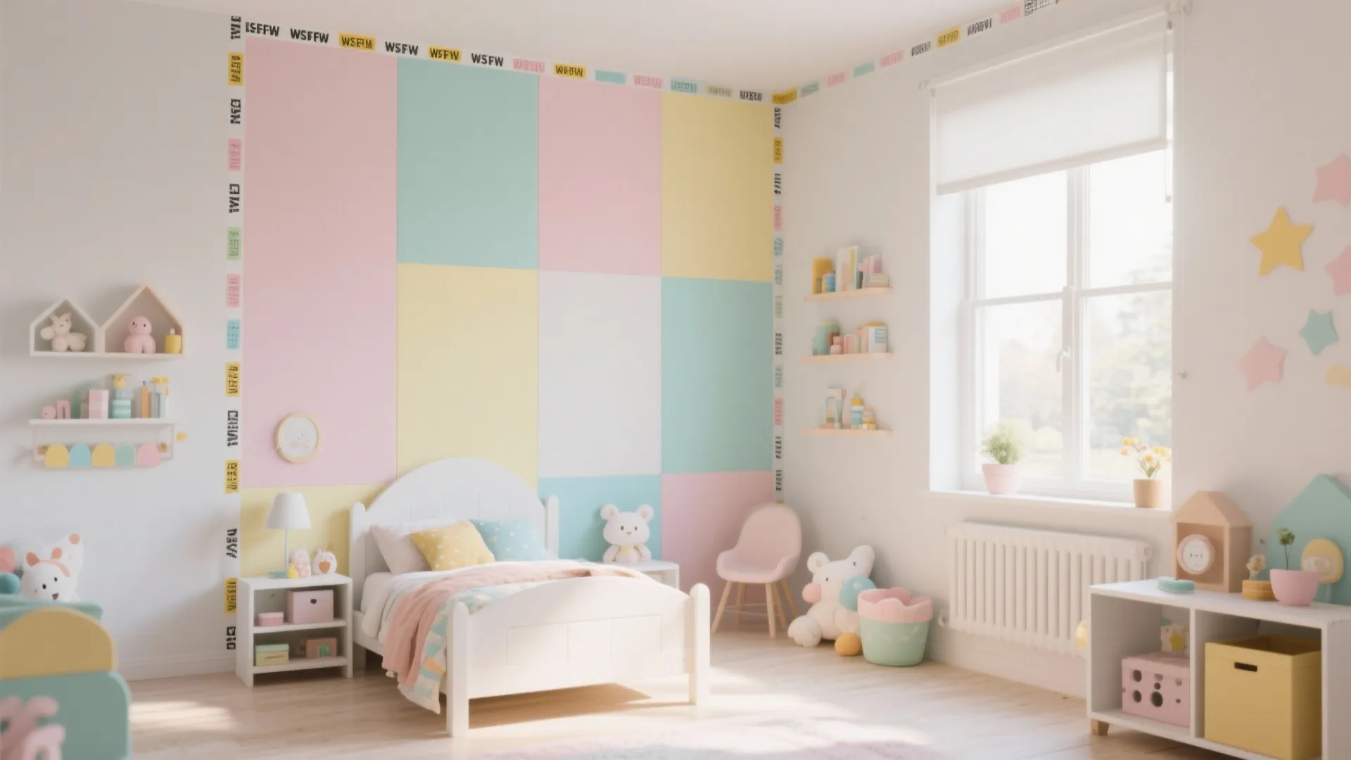 Child bedroom with white bed wooden floor pastel color wall blocks many toys and natural light
