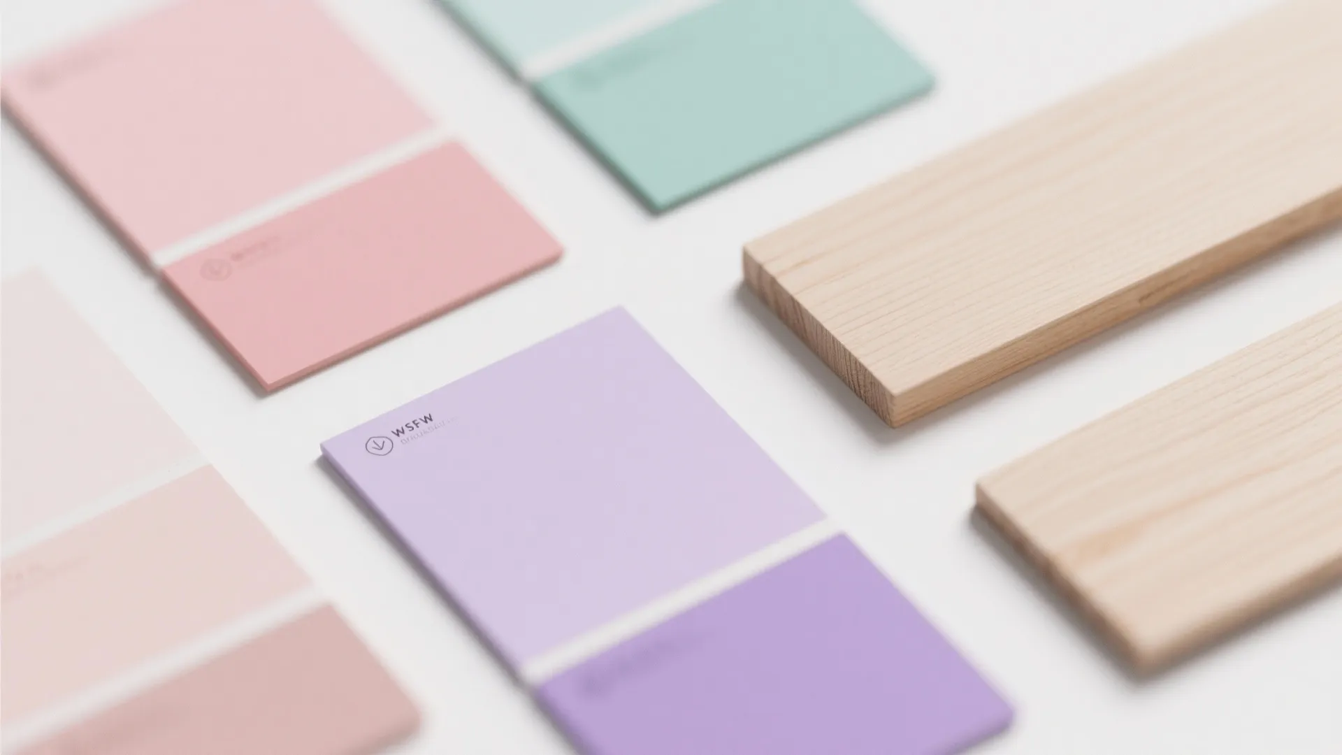 Flat lay of blush pink, mint, lavender, and light wood samples