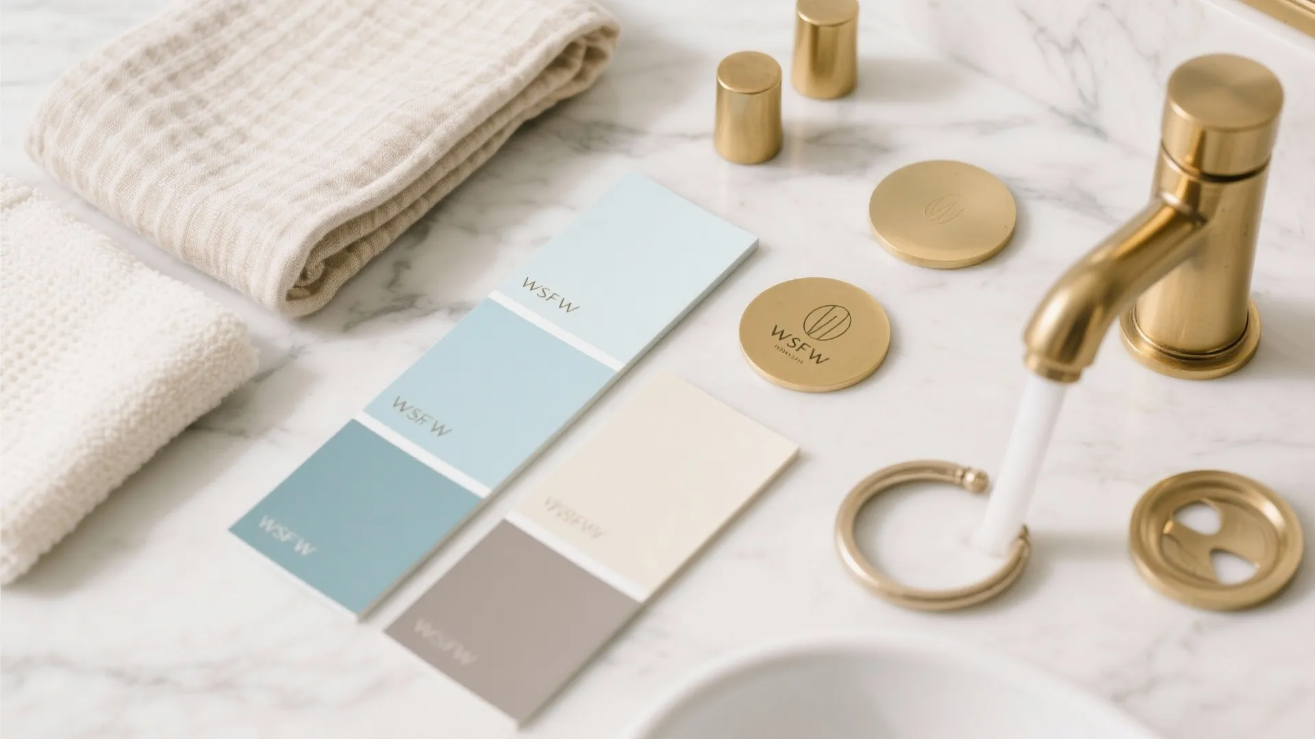 Marble bathroom counter with blue color swatches gold water tap white towels and small soaps