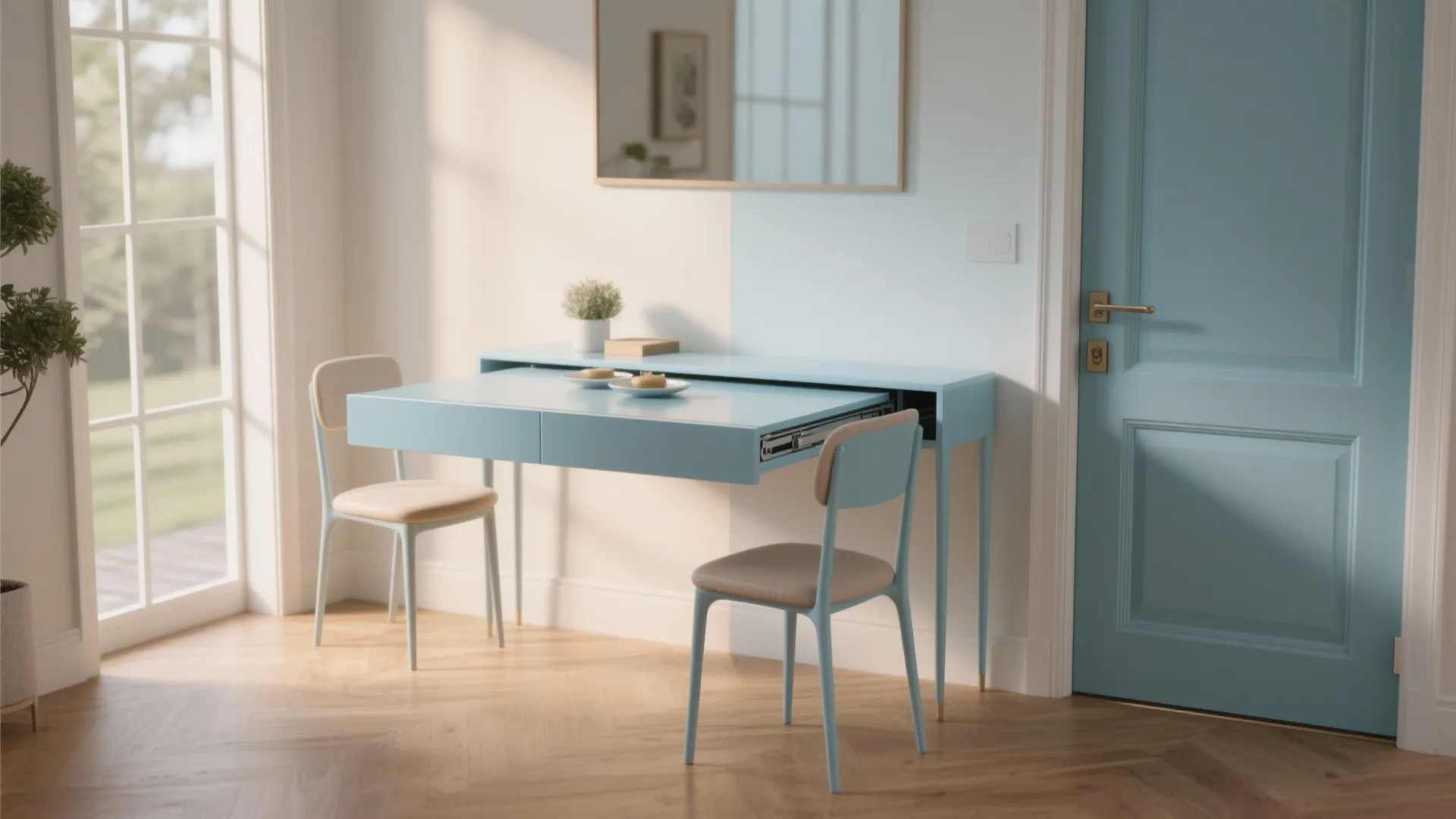 Light blue pull out desk with two chairs wood floor mirror and blue door in room