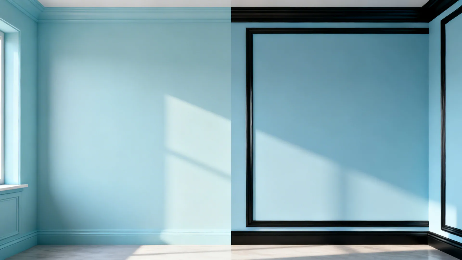 Before-and-after of powder-blue walls with dull trim versus crisp black trim, showing the tailored effect.