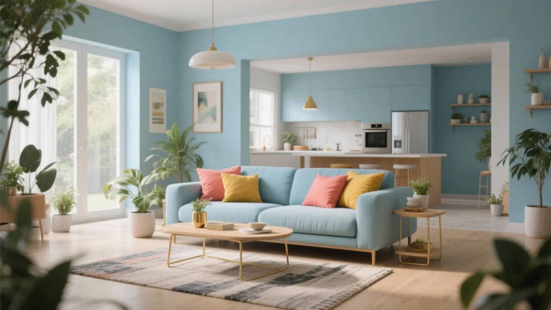 5. Pastel Blue with Coral or Mustard Pops