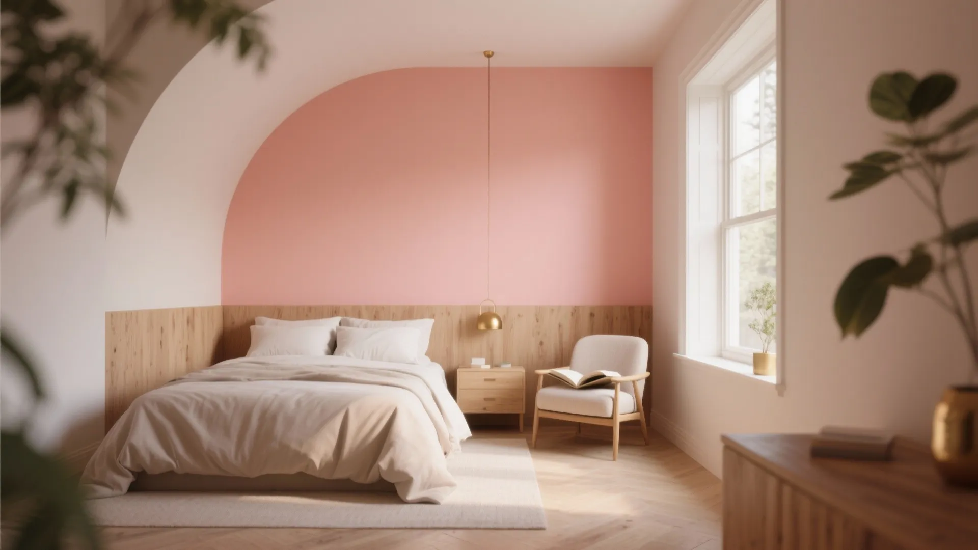 Modern bedroom with pink wall paint wood wall panels white bed and small gold light