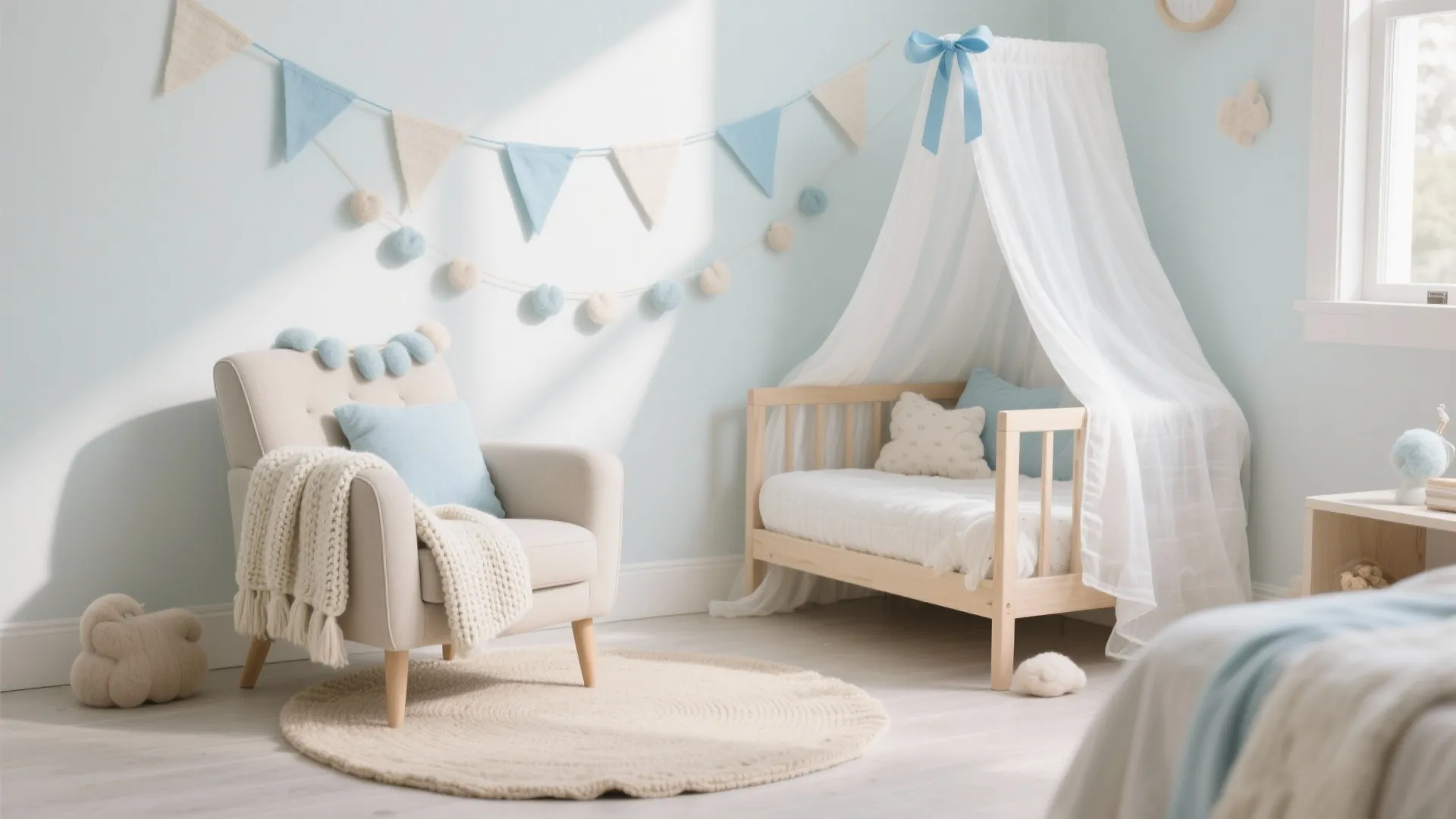 Pastel-toned baby welcome corner with muslin bunting, knit throw, and oatmeal rug in soft daylight.