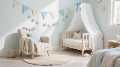 Soft Blue Nursery with Canopy Bed & Cozy Seating