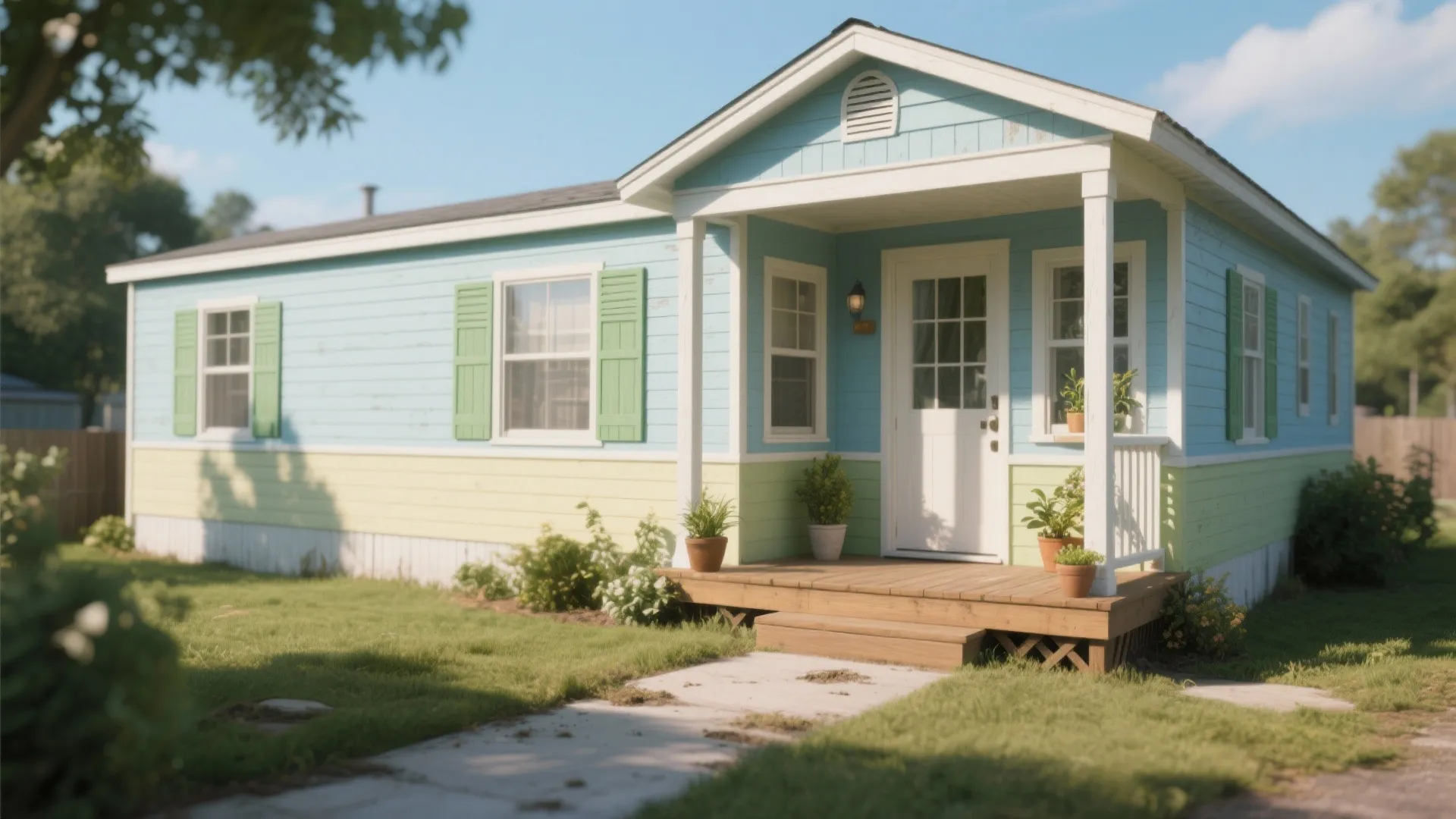 Small manufactured home painted in soft pastel blue with a welcoming porch and narrow yard.