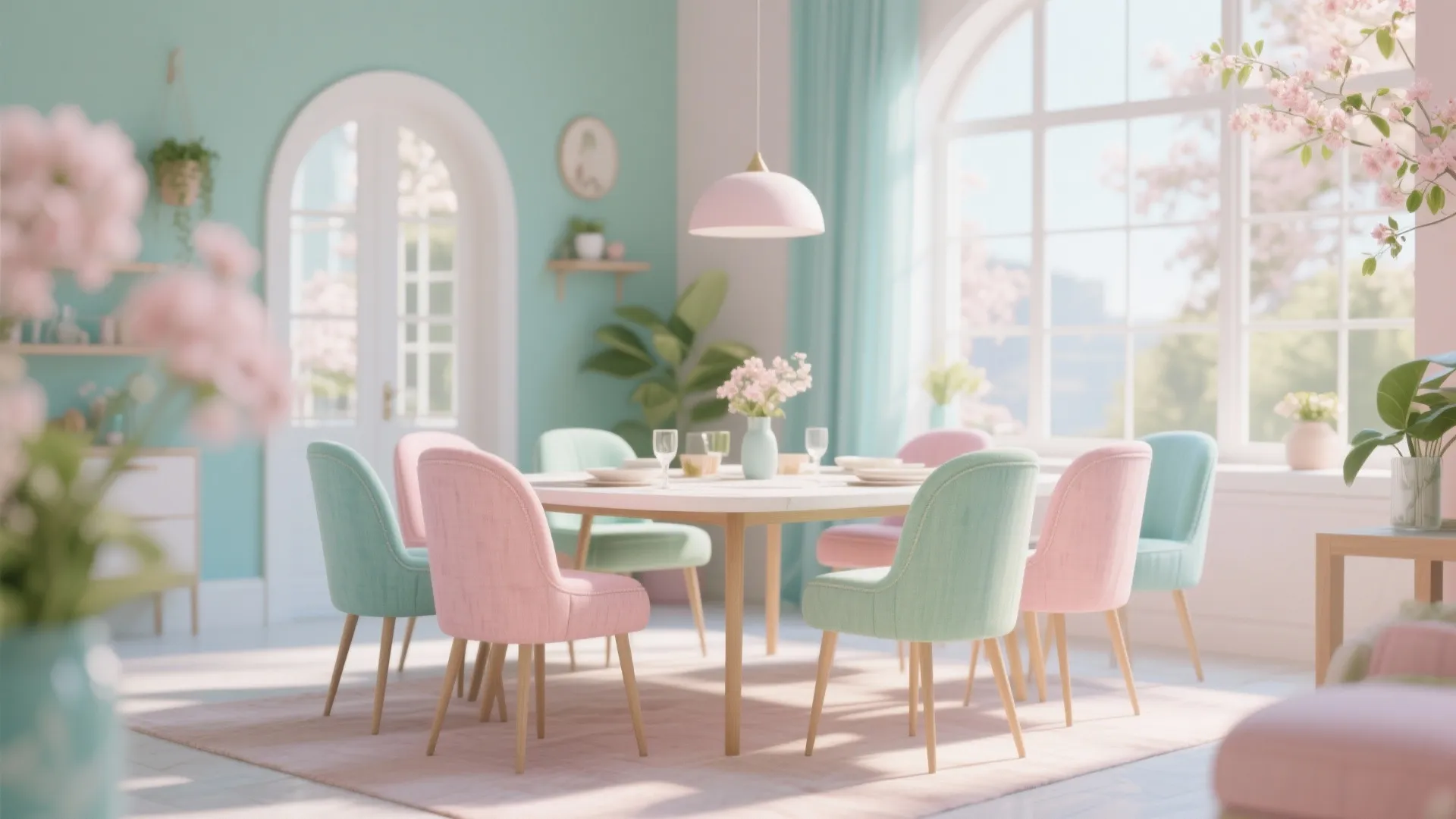 Bright dining area with pink and blue chairs around a white table and large windows