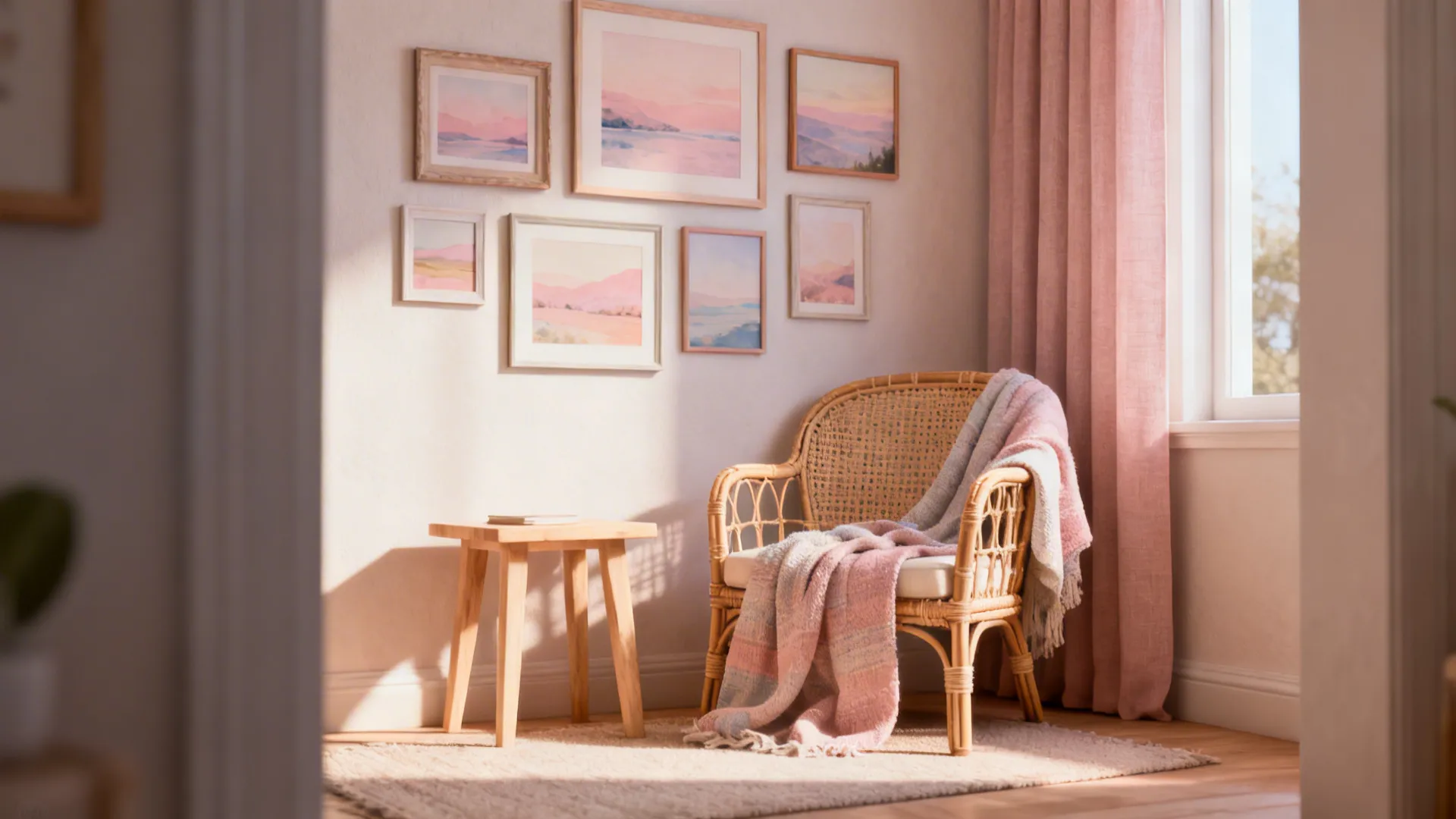 Cozy corner with pastel landscape pictures, rattan chair and light wood accents in soft daylight