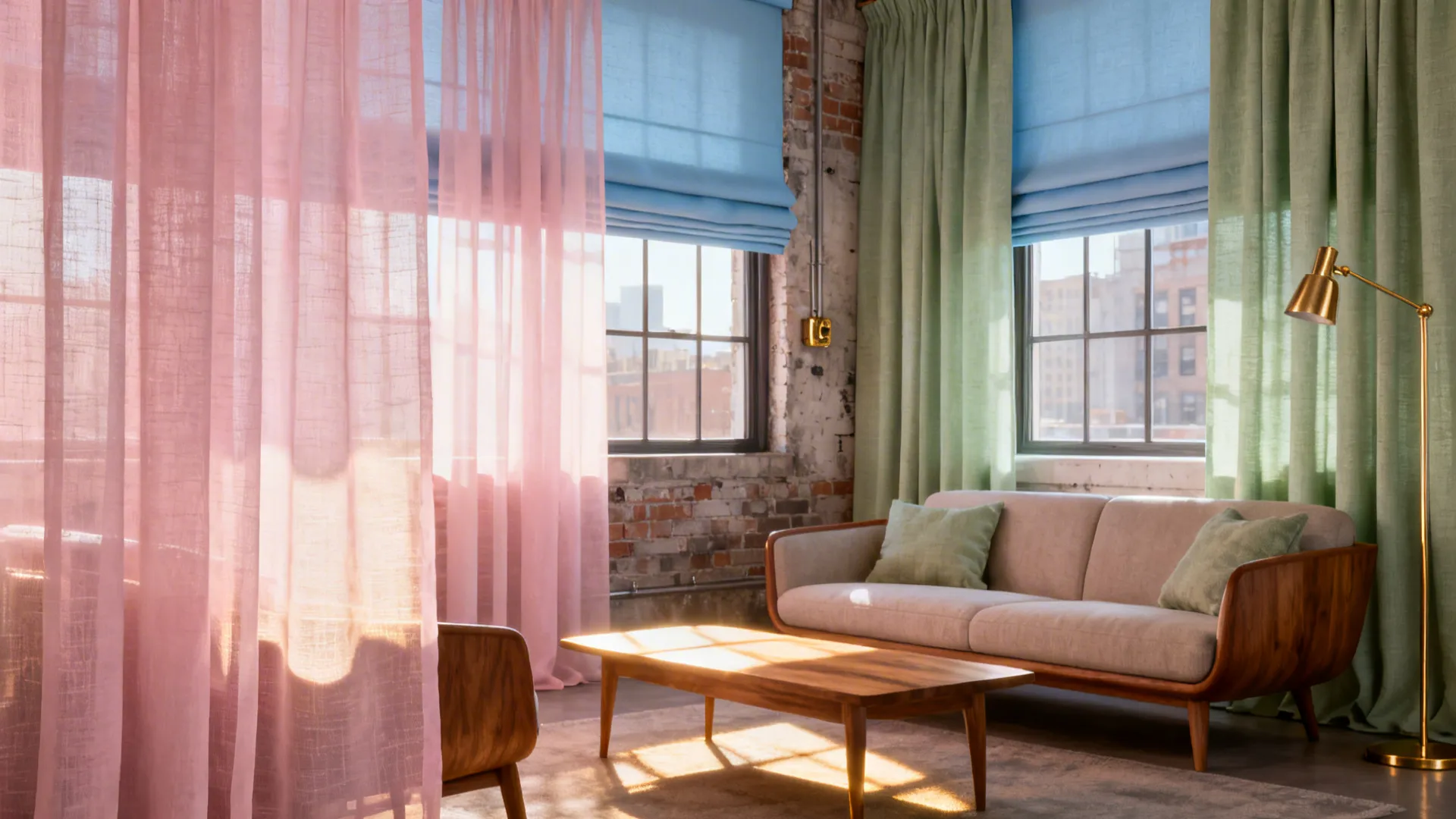 Urban living room with blush, powder blue, and sage curtains softening the space.