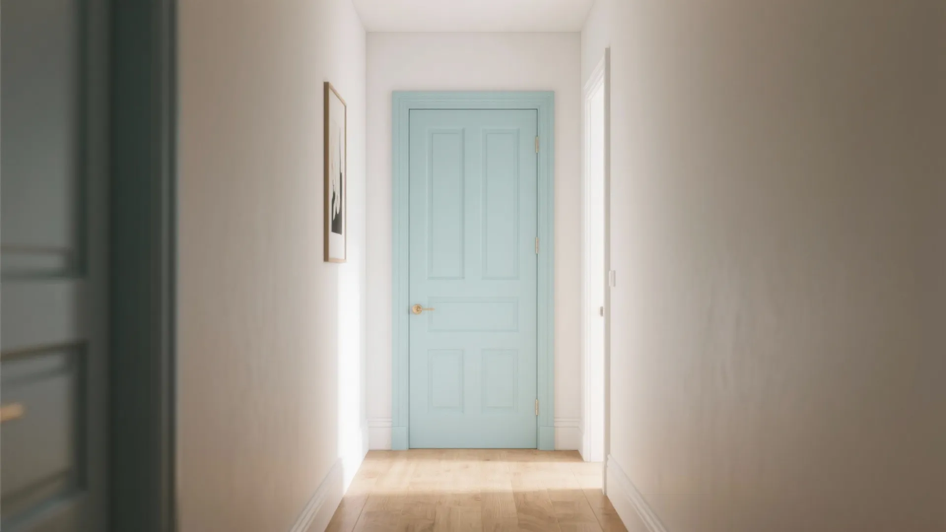 Bright hallway featuring a light blue door white walls light wood floor and minimalist wall art