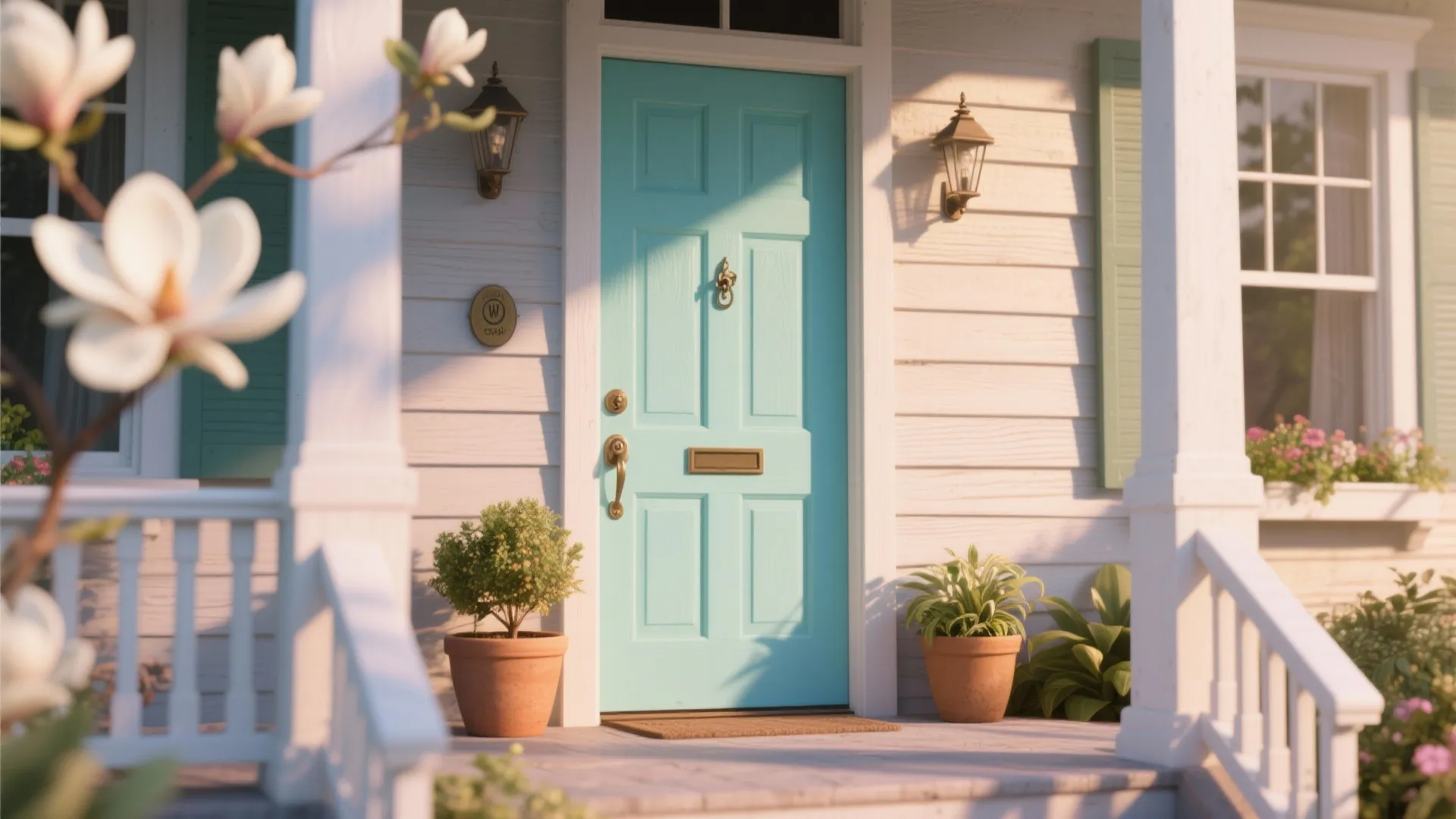 Pastel blue front door against magnolia siding with potted plants and warm light.