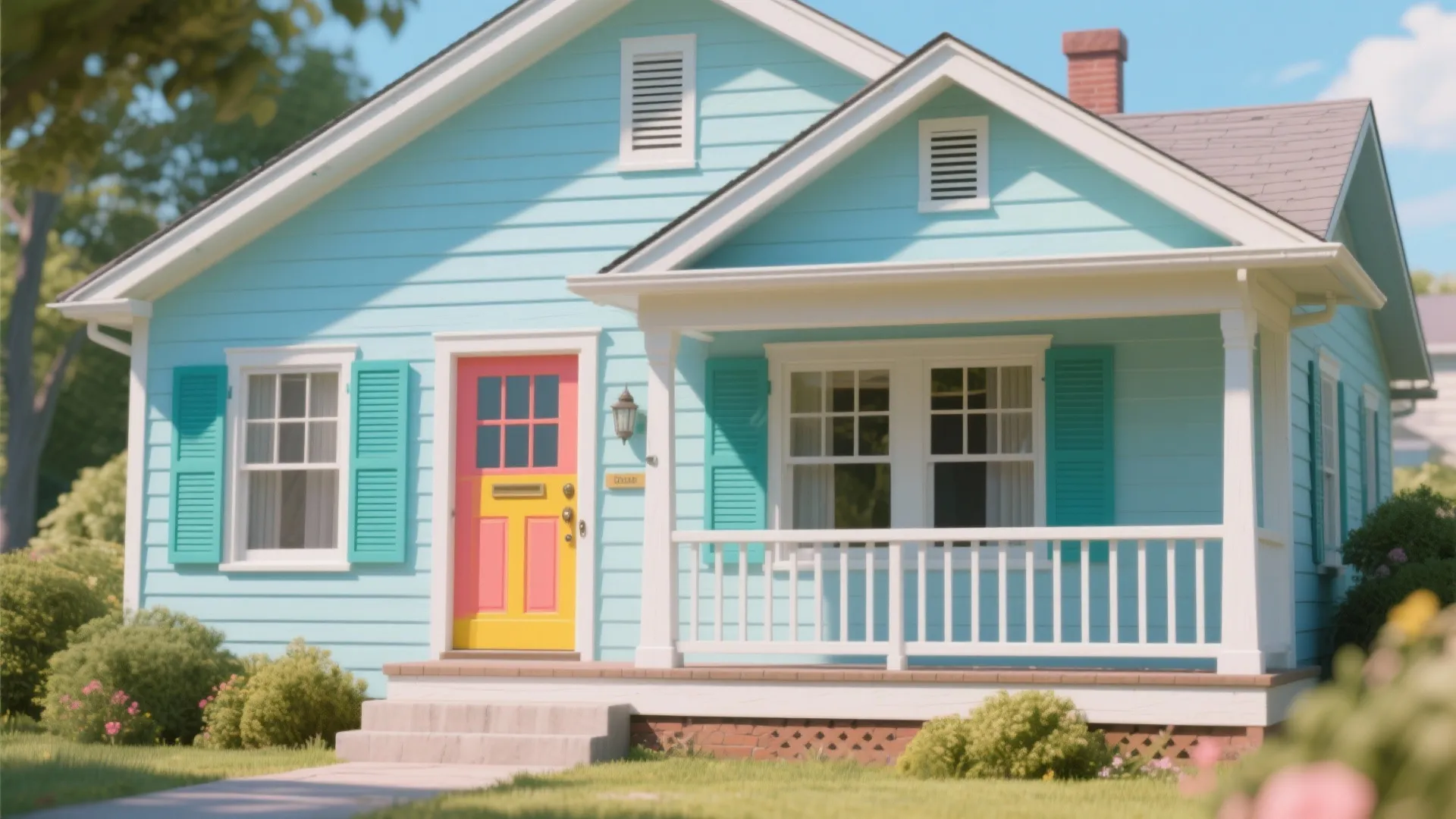 3. Playful Pastel Blue with Colorful Front Door