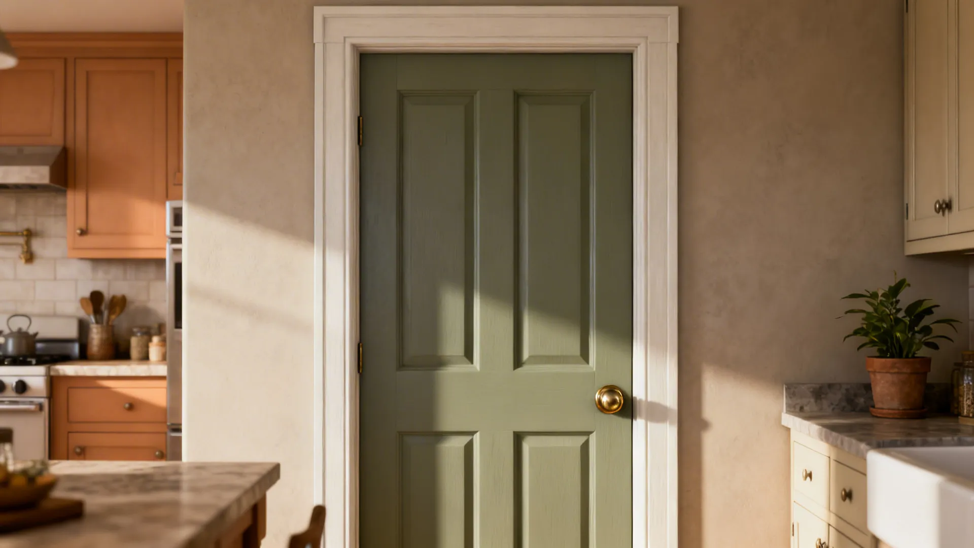 Muted sage-green door with neutral white trim in a kitchen setting