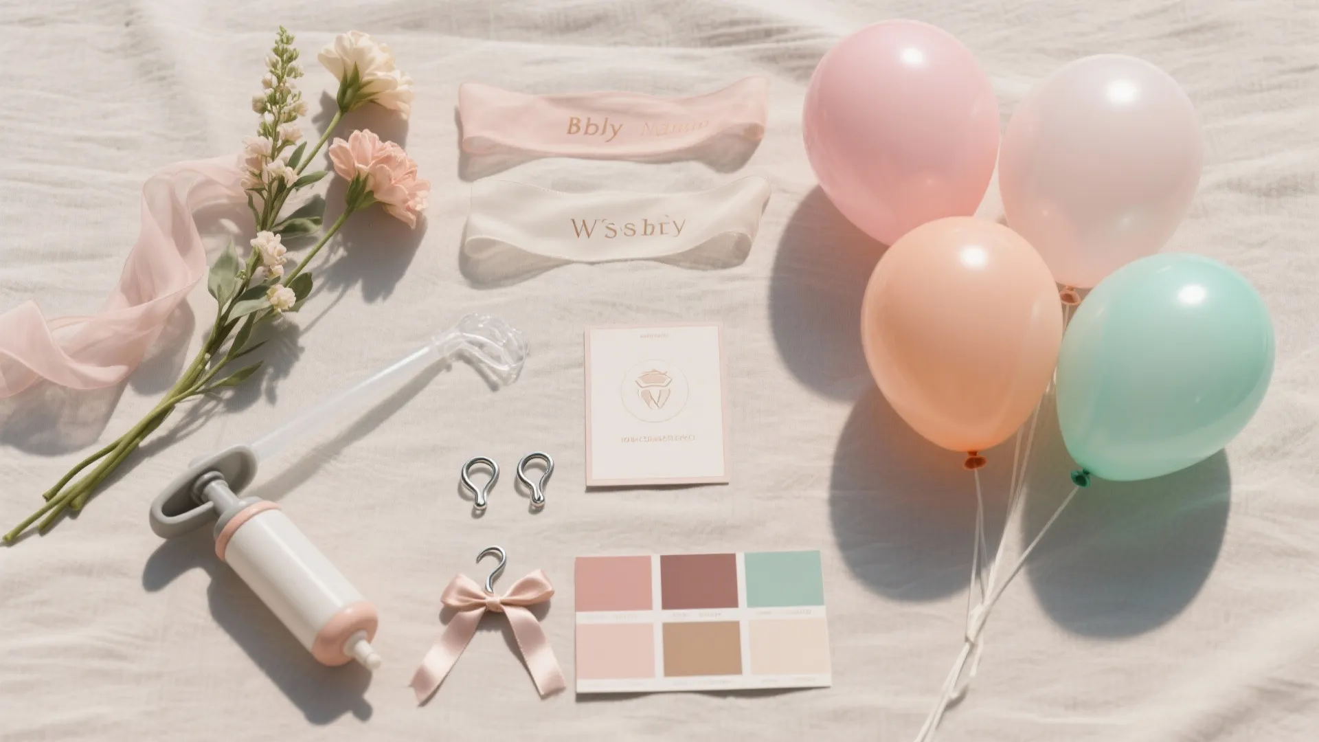 Overhead view of party supplies including colorful balloons flowers pump and color palette on white cloth