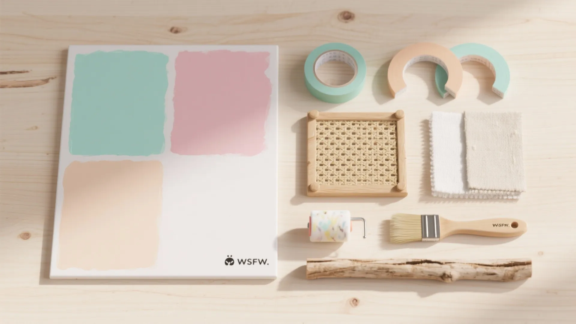 Pastel paint samples with tape, fabric, and painting tools organized on a light wooden table