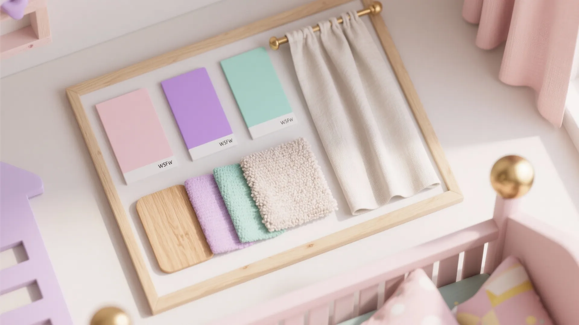 Interior design board showing colorful paint swatches fabric samples wood piece and small white curtain