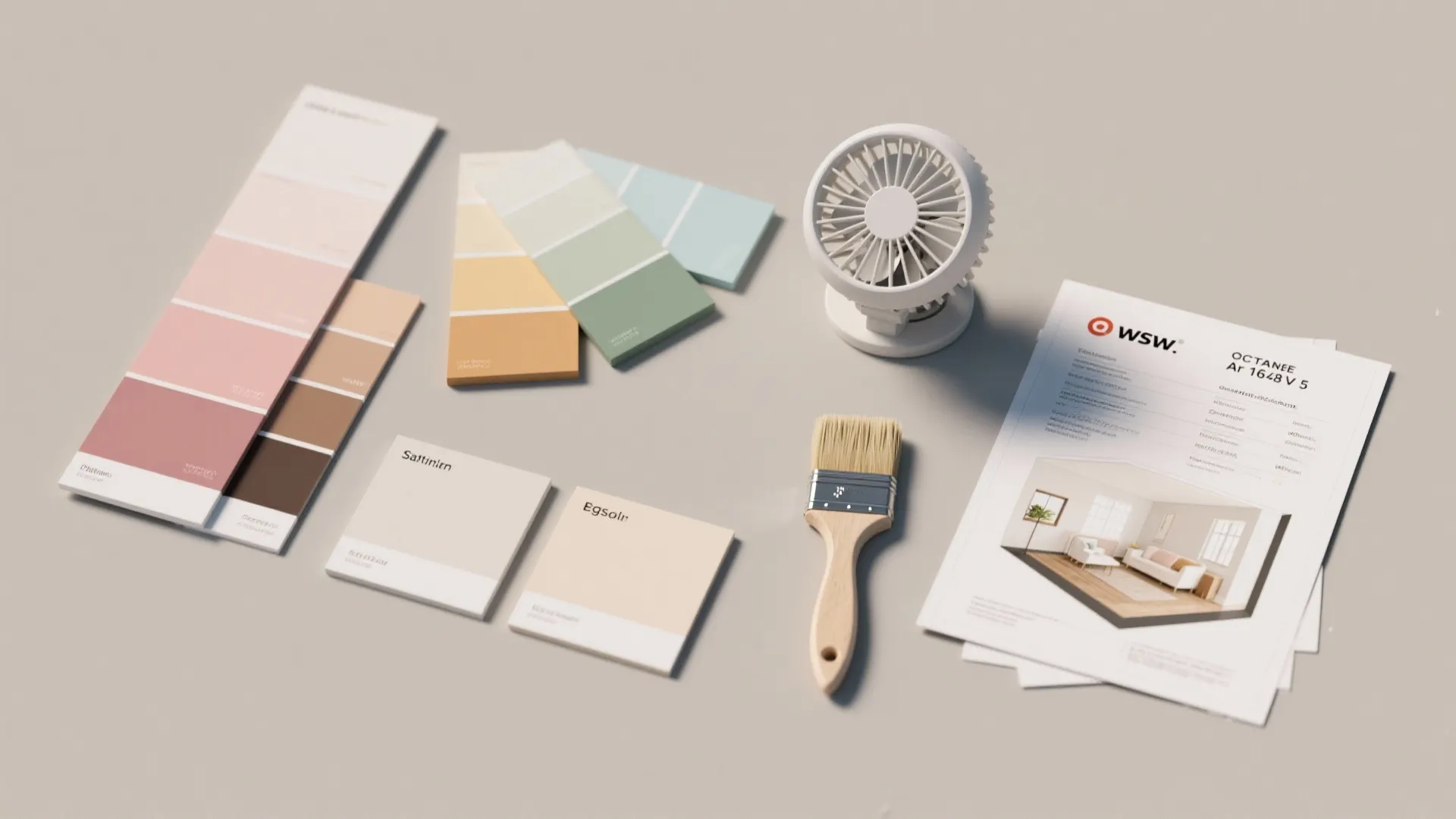 Interior design tools including paint color cards and a small fan with a paint brush