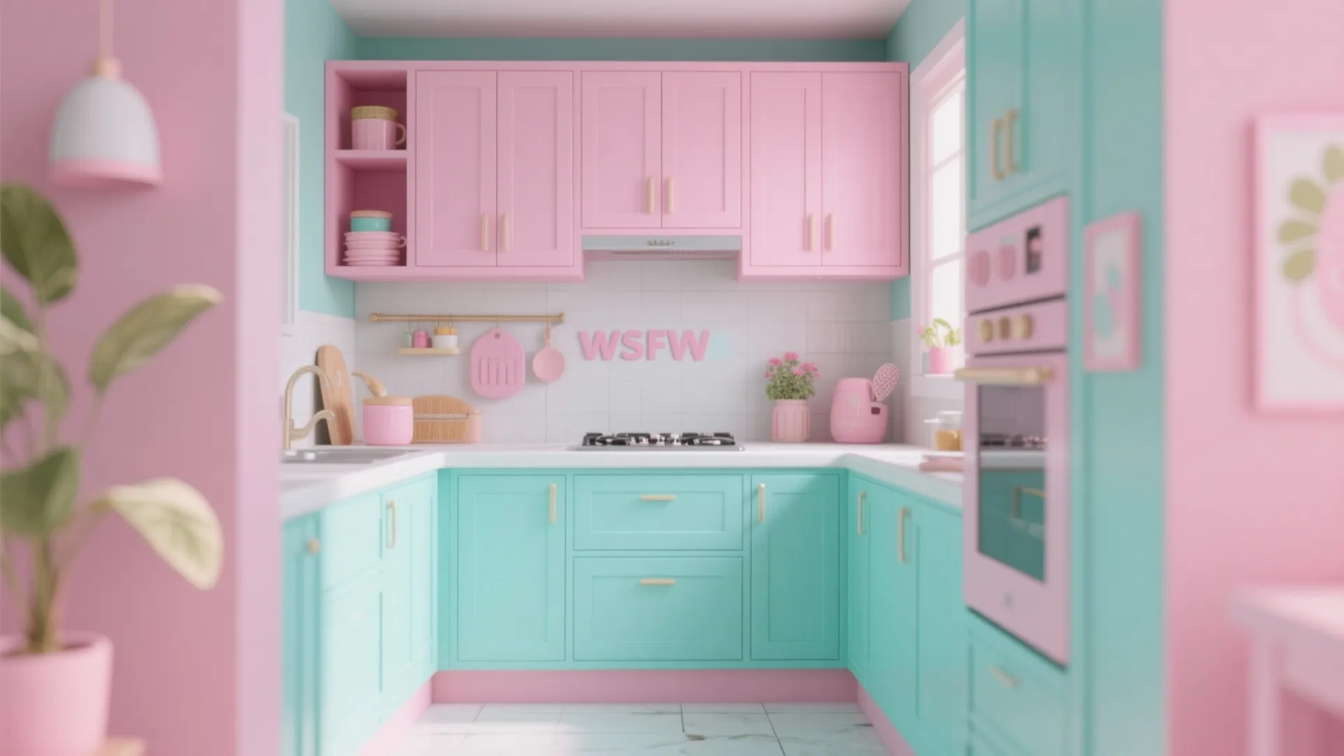 Pastel pink and blue kitchen cabinets with white tiles marble floor and a pink oven