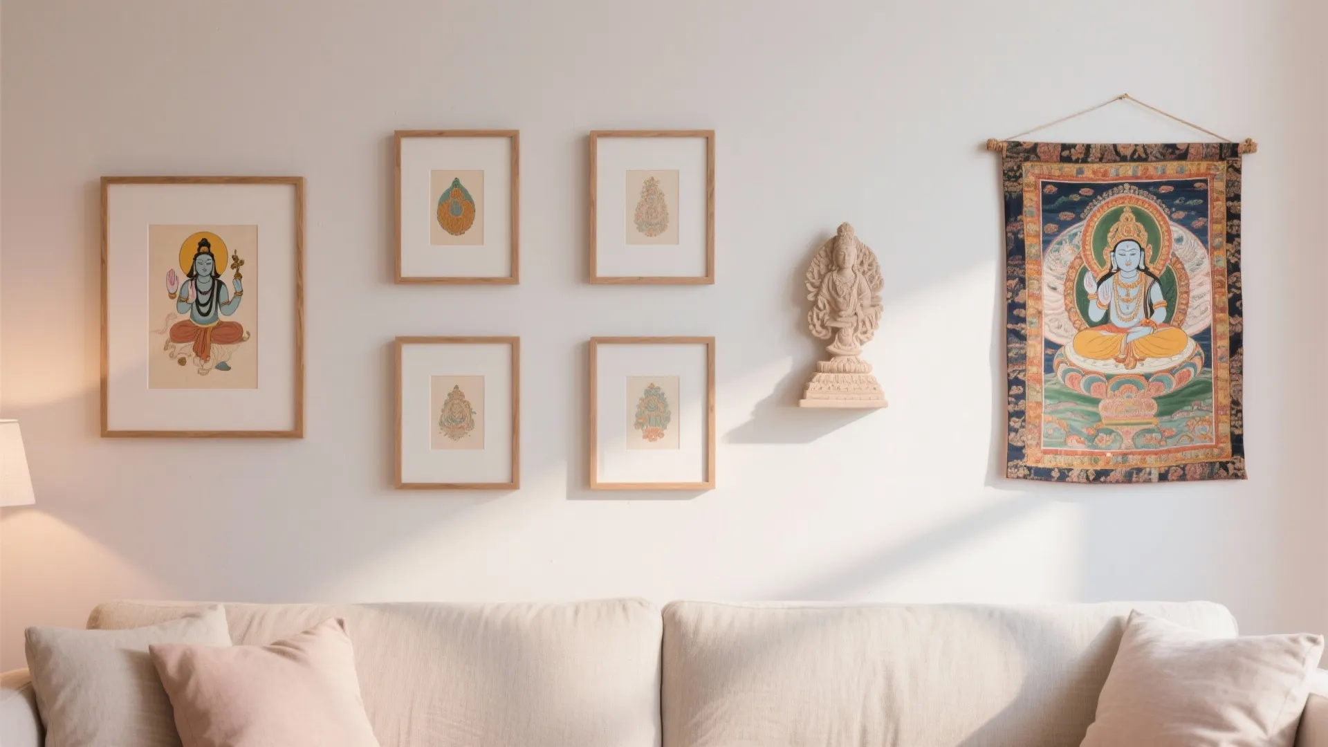 White living room wall decorated with five framed art pictures and a blue hanging fabric