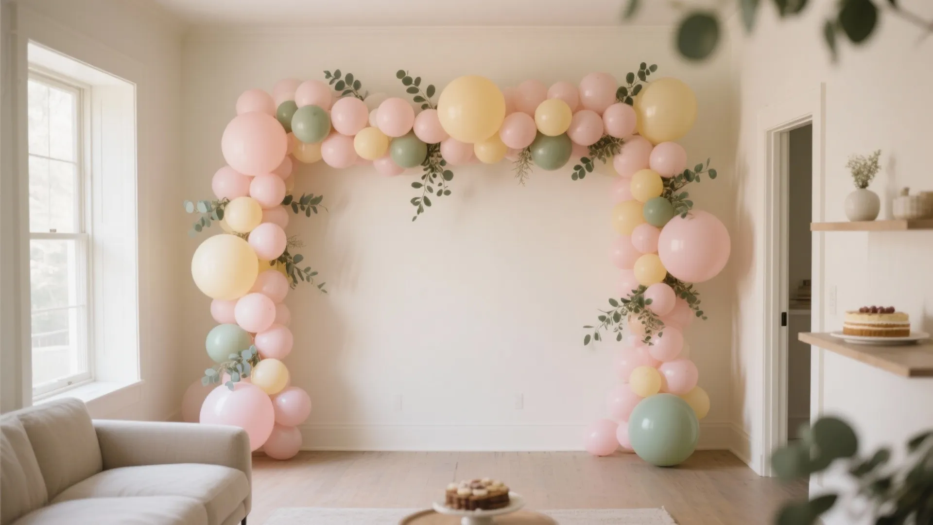 Pastel pink and yellow balloon arch with green leaves in a bright modern living room