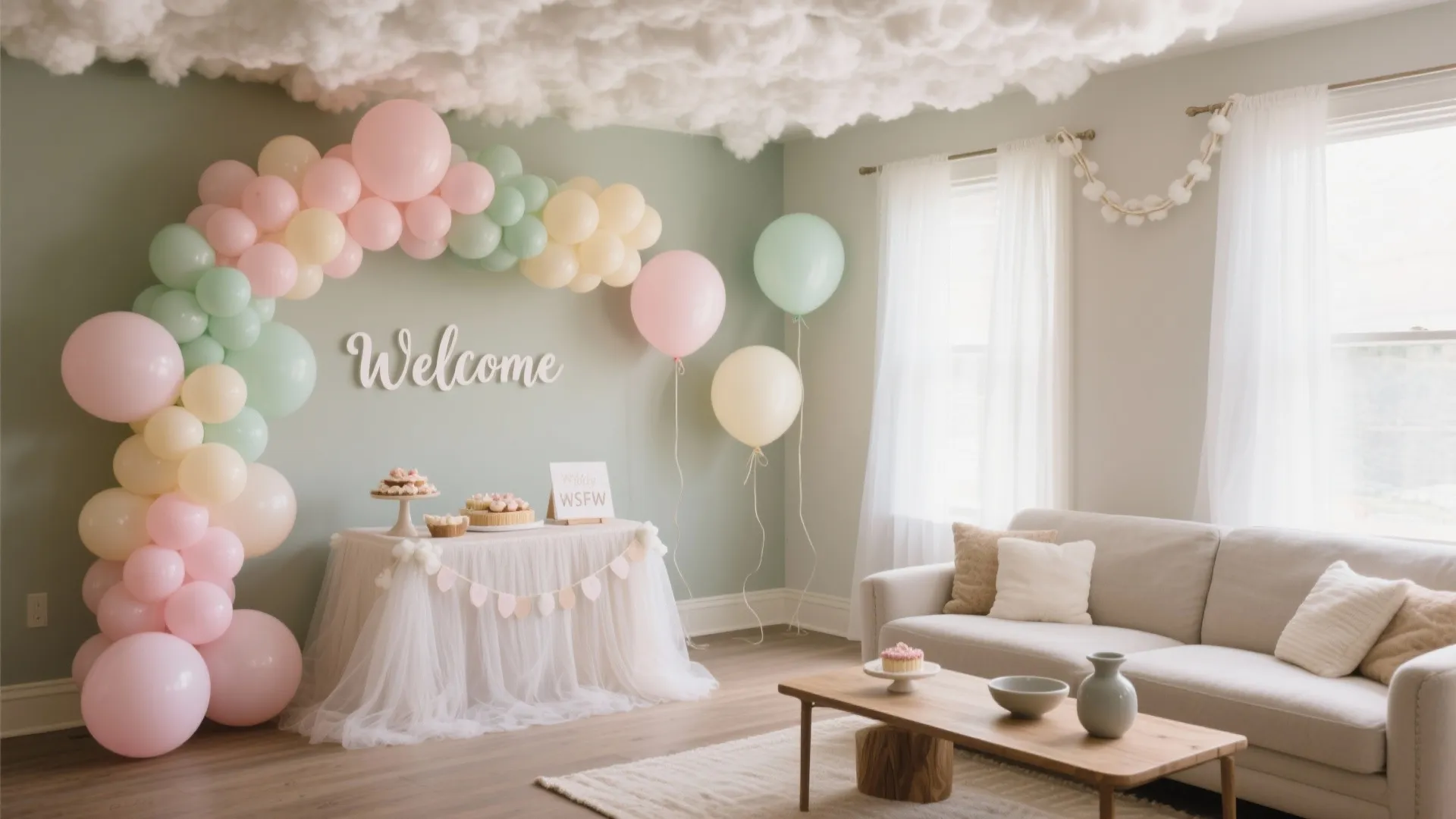 Pastel Balloon Garland with Cloud Ceiling