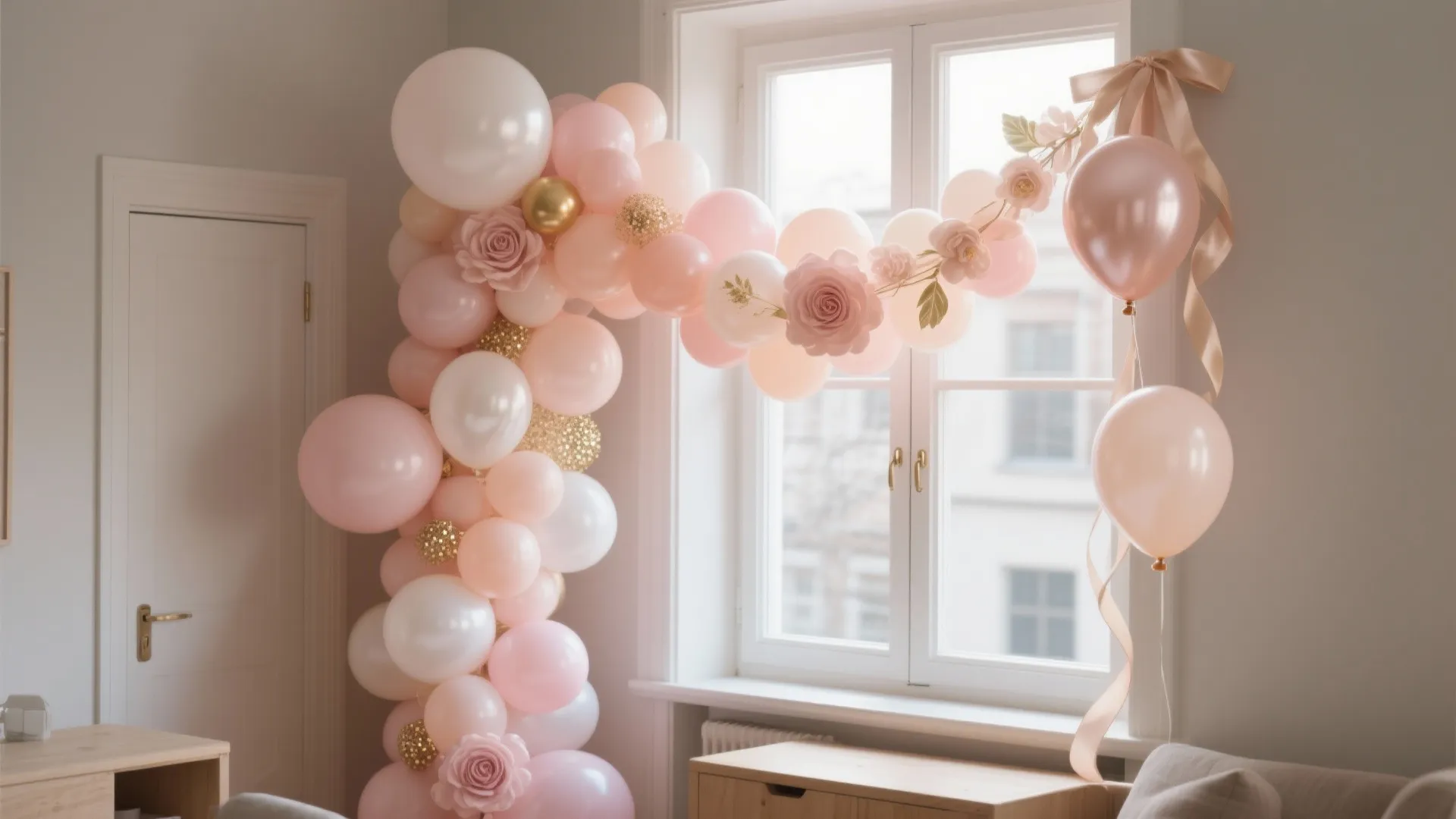 Pastel Balloon Garland with Silk Ribbons