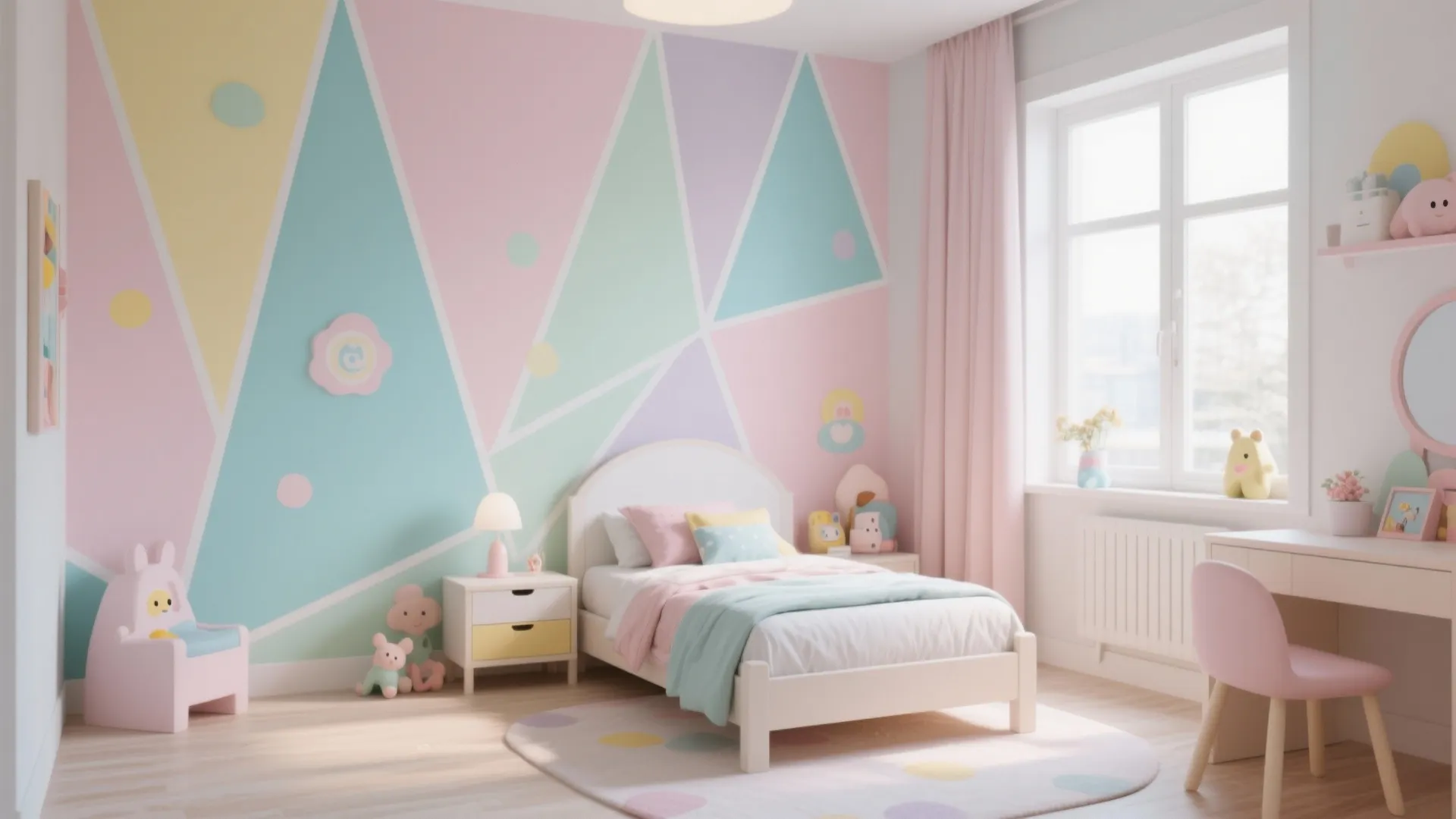 Kids bedroom with pastel geometric wall paint white bed pink curtains and round colorful rug
