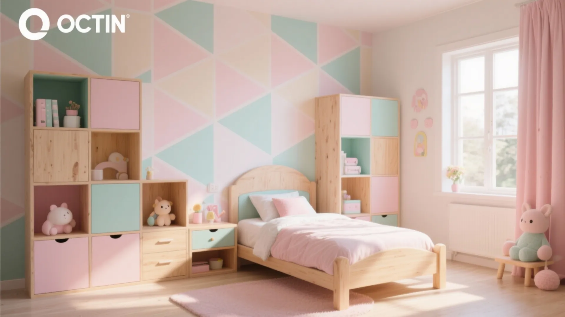 Children's room with soft pastel geometric wallpaper and wooden furniture