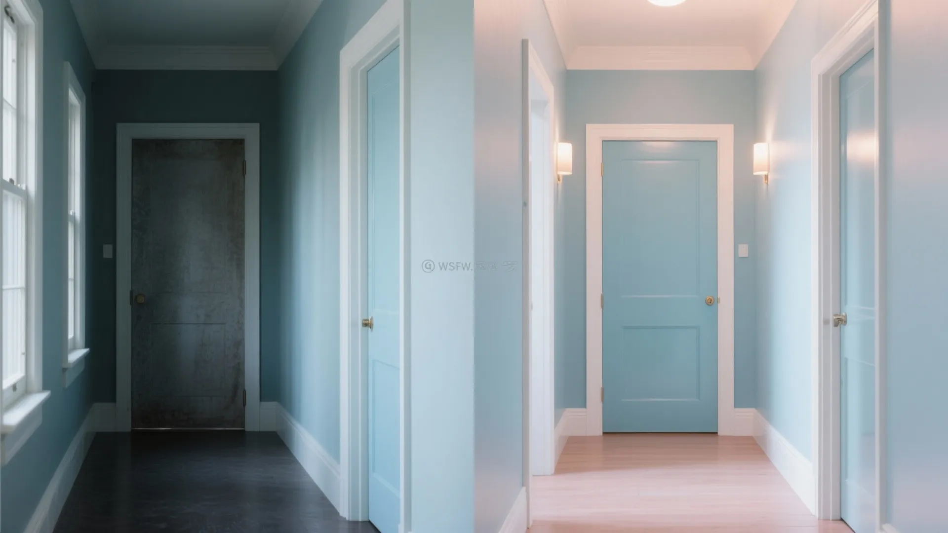 Before and after comparison of dark old hallway versus bright light blue painted hallway design