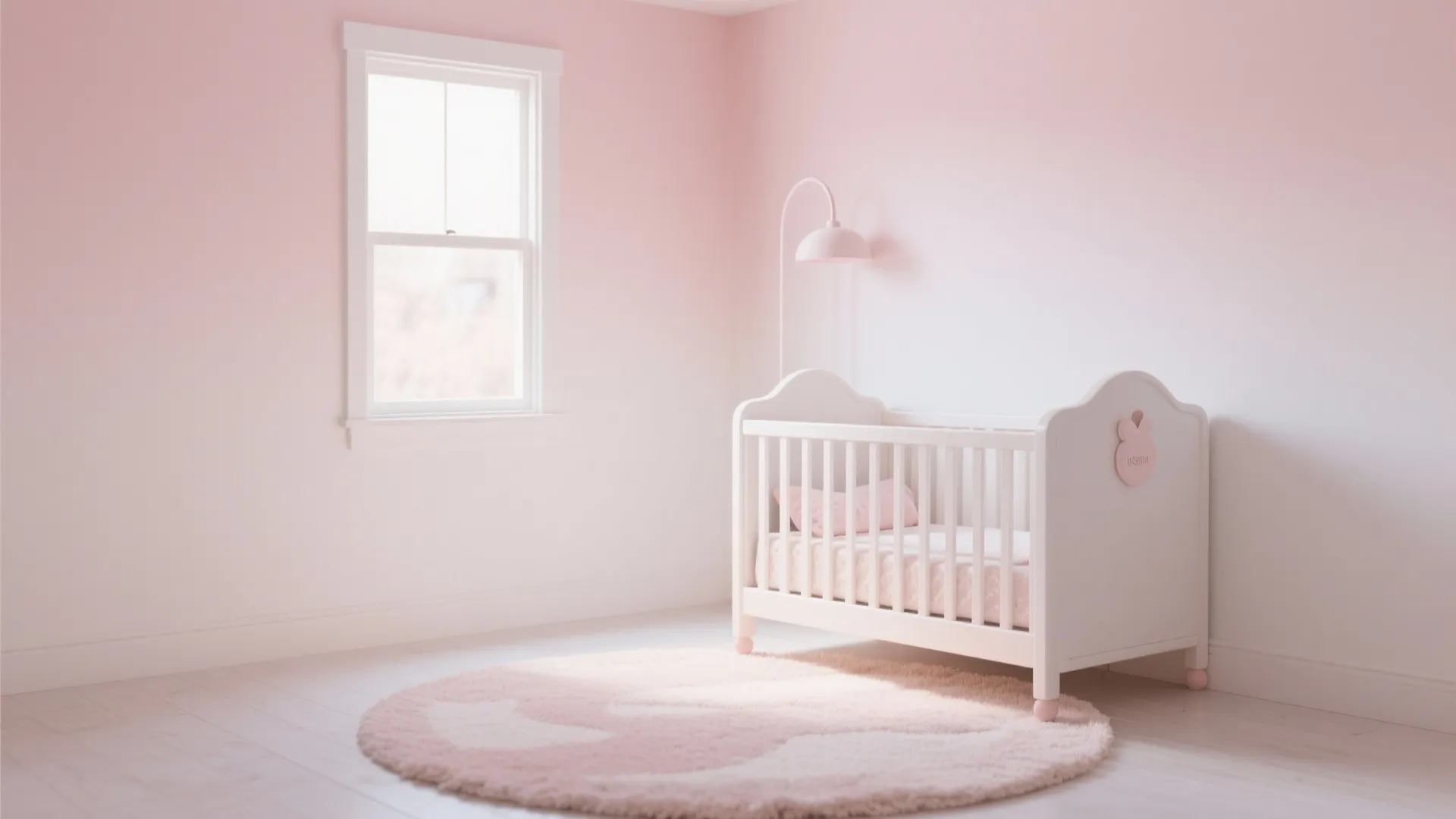 Minimalist pink nursery room with white baby bed round rug wall light and small window