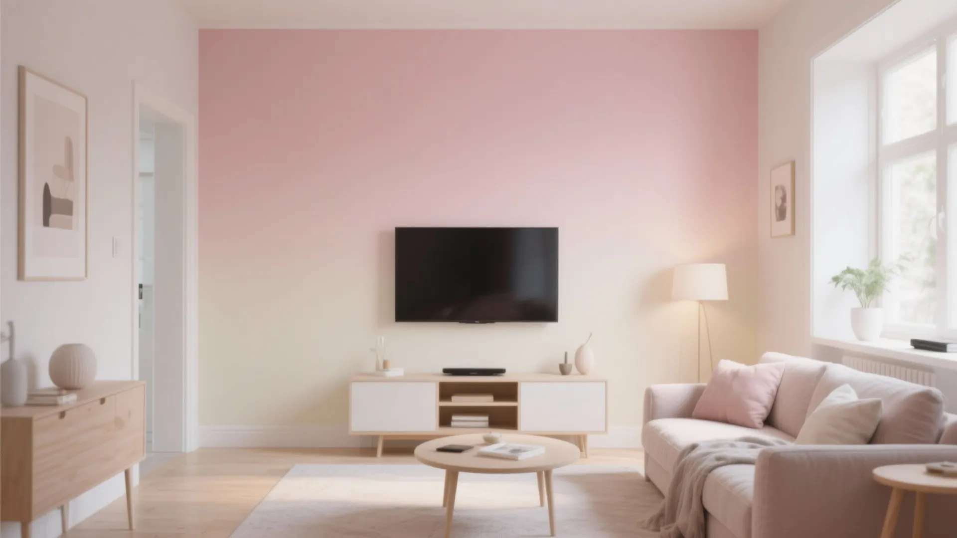 Modern living room with pink gradient wall hanging television wooden cabinet and comfortable beige fabric sofa
