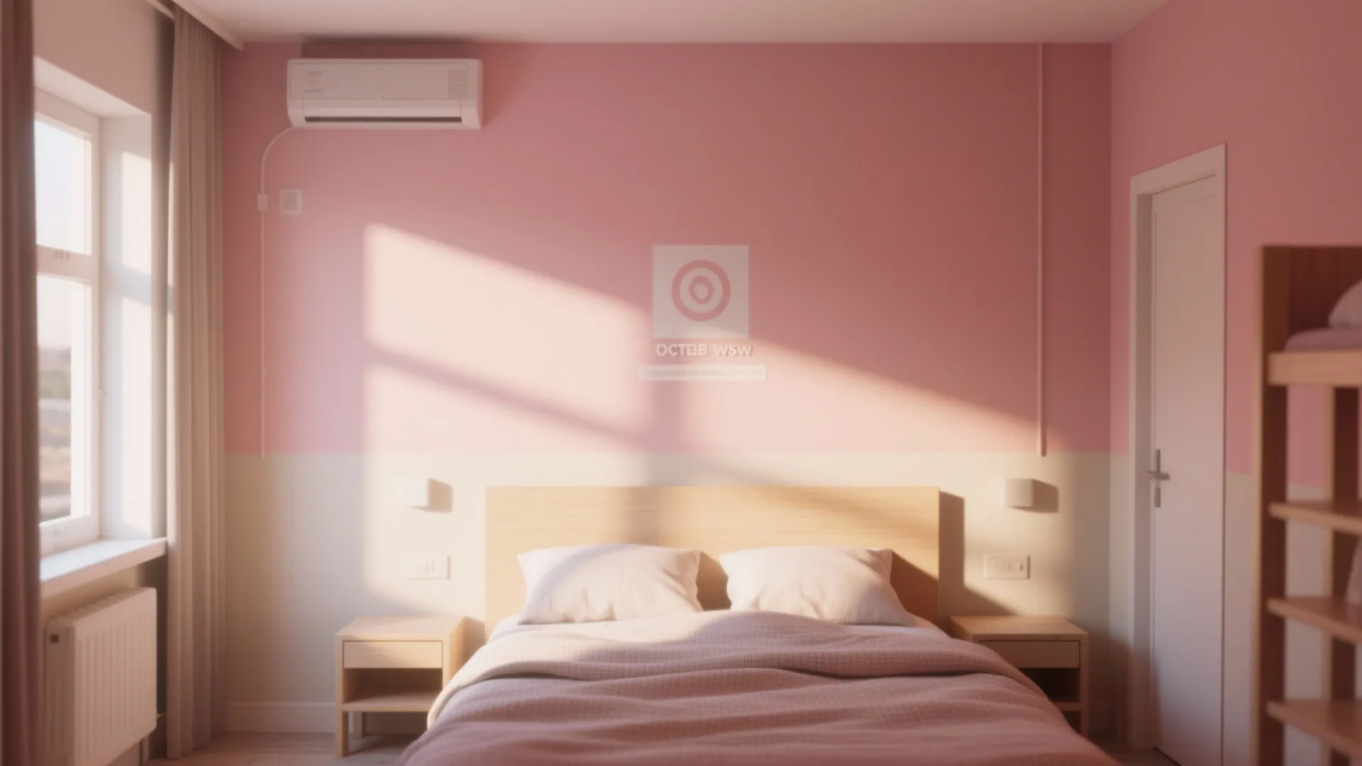 Modern bedroom with pink and white two-tone wall wooden bed two nightstands and natural sunlight