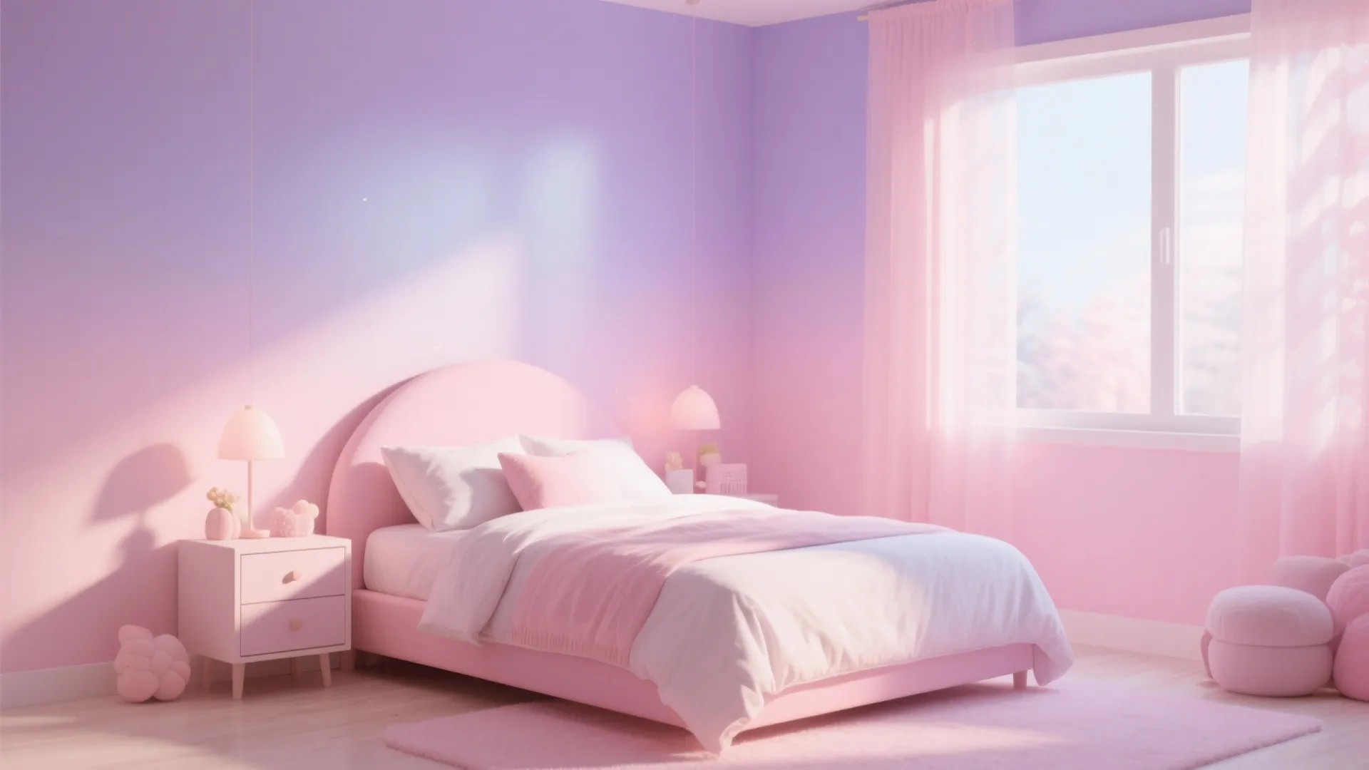 Pink and purple bedroom with gradient walls, soft bed, white bedding, nightstand, and pink curtains