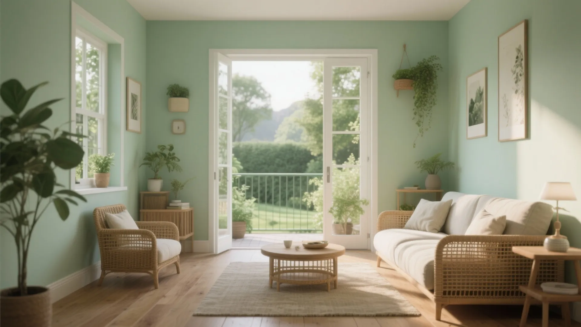 Pastel green living room with wicker sofa wooden floor rug and open doors to green balcony