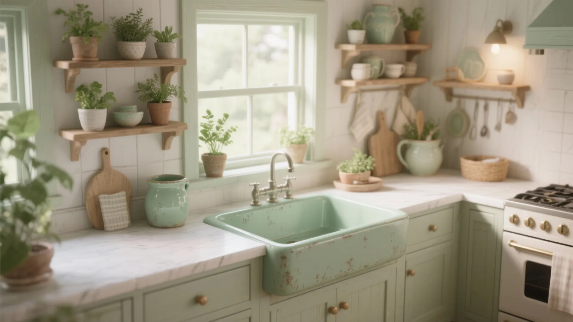 Cozy kitchen with a pastel green ceramic sink, open shelves and potted herbs.