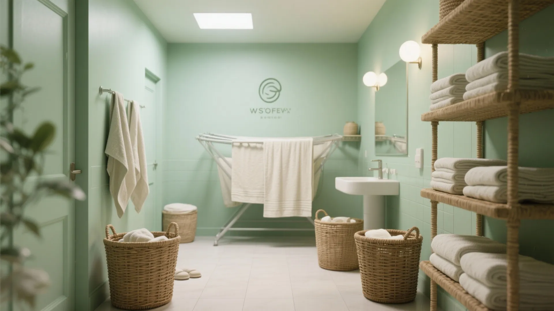 Pastel green laundry room with white sink towel rack wall light and many woven baskets