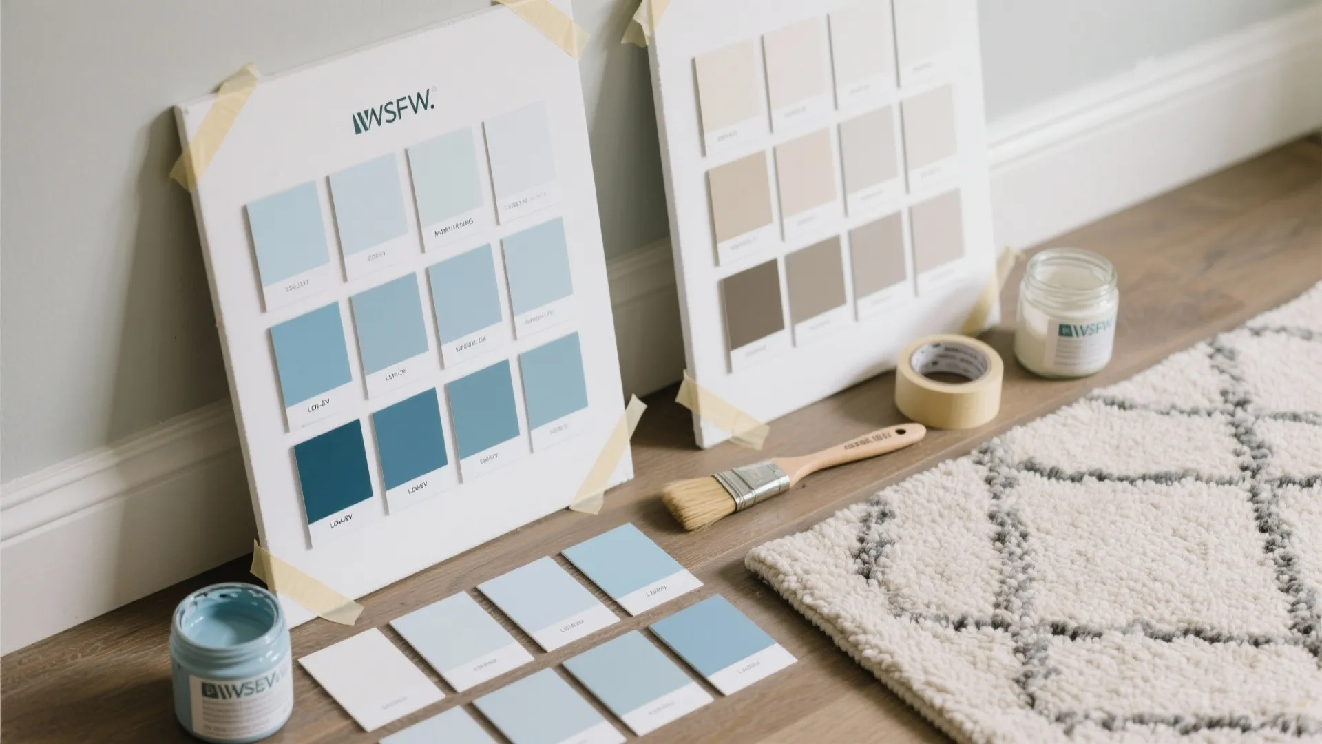 Top-down view of pastel blue and greige testers with shade cards, brushes, and taped swatches for light tests.