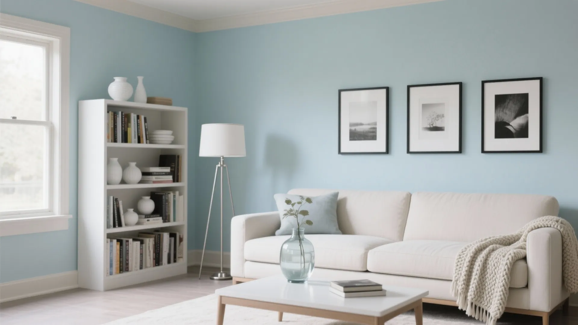 Airy living room with pastel blue walls, greige trim, bookshelves, white ceramics, and brushed nickel lighting.