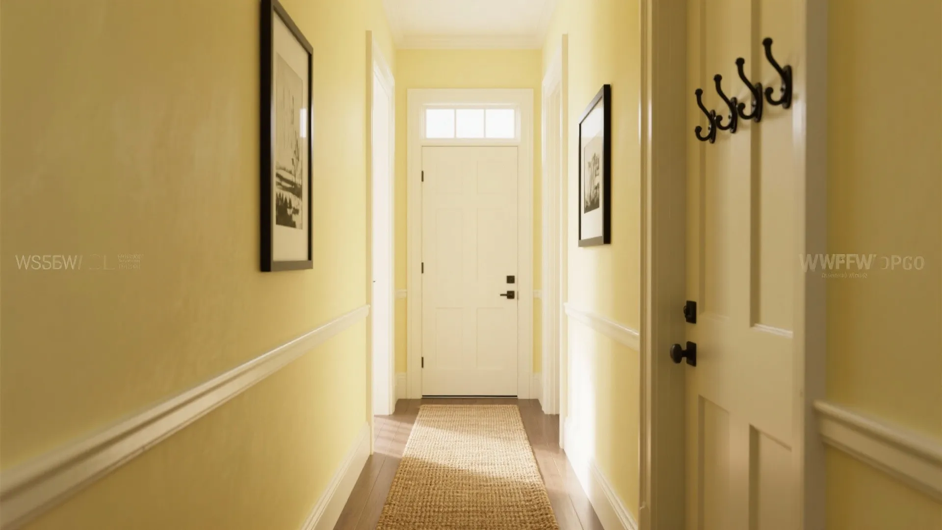Bright yellow hallway with white front door jute rug black wall hooks and framed wall art