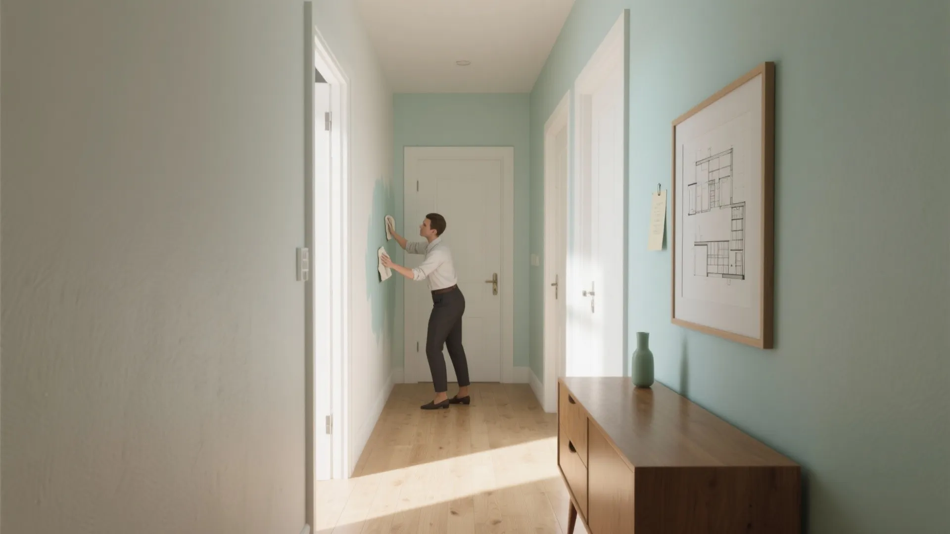 Person painting a light blue wall in a hallway with wooden floors and a small cabinet