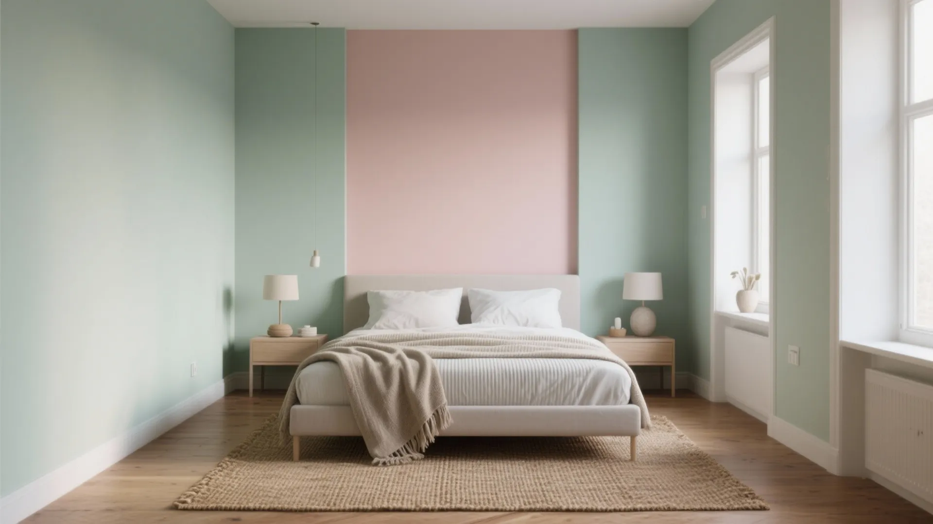 Compact bedroom with muted sage green walls and a warm blush accent wall, featuring ribbed throws and woven rug.