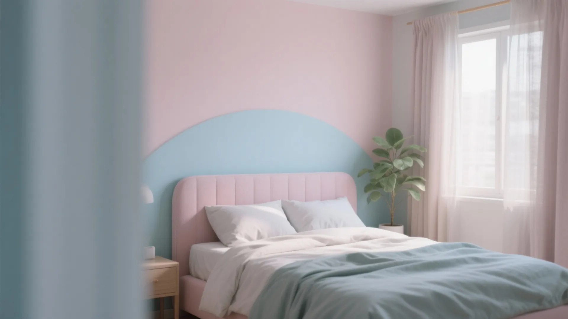 Small bedroom with a pastel headboard wall in soft blush and powder blue accents, calm lighting and neat linens.
